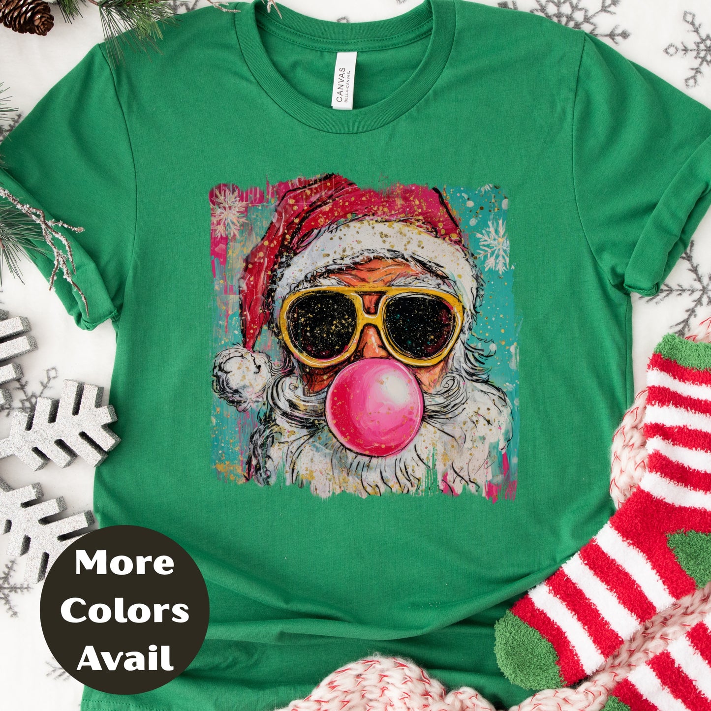 Santa Bubblegum Shirt or Sweatshirt – Cool Christmas Top S-4XL Plus Size – Retro Santa with Sunglasses – Holiday Graphic Tee