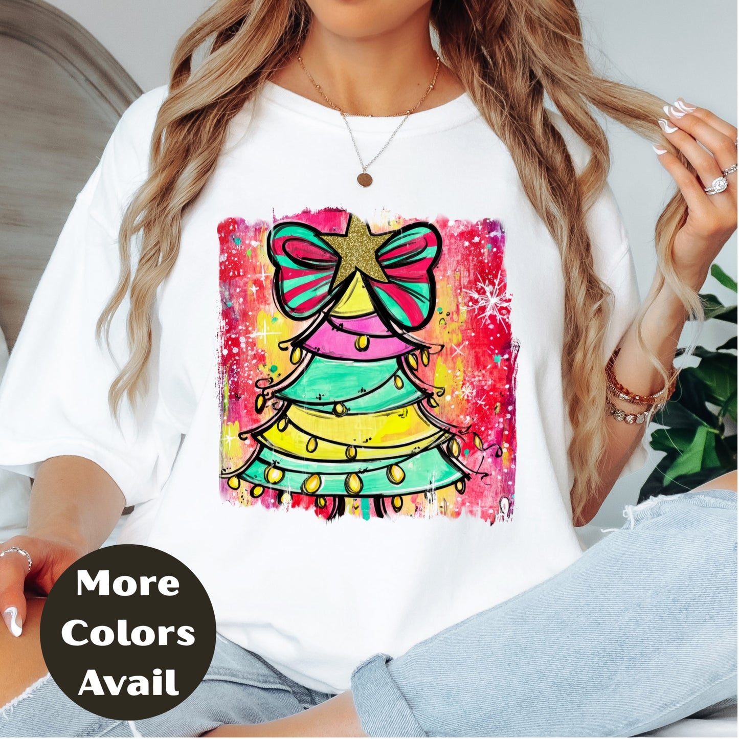 Rainbow Christmas Tree Shirt or Sweatshirt – Colorful Holiday Top S-4XL Plus Size – Whimsical Bow Tree – Bright Festive Tee