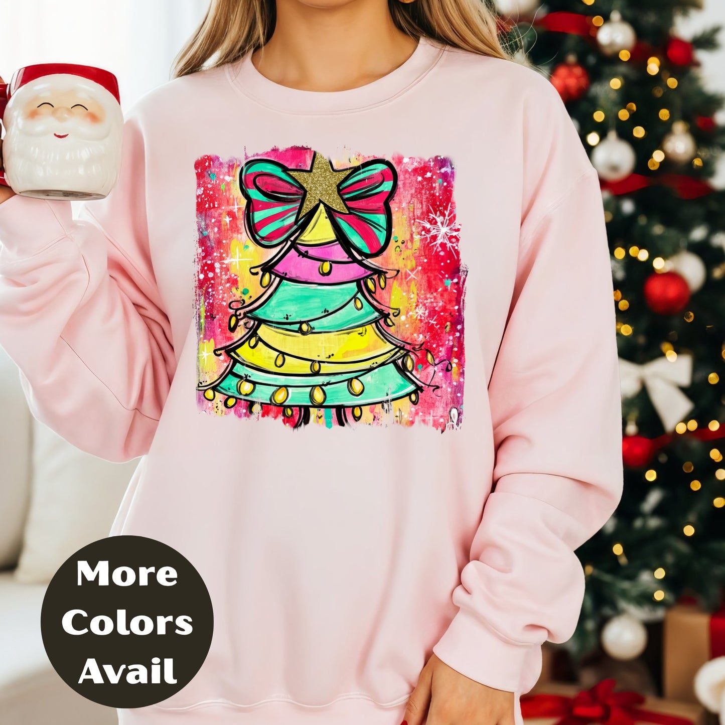 Rainbow Christmas Tree Shirt or Sweatshirt – Colorful Holiday Top S-4XL Plus Size – Whimsical Bow Tree – Bright Festive Tee