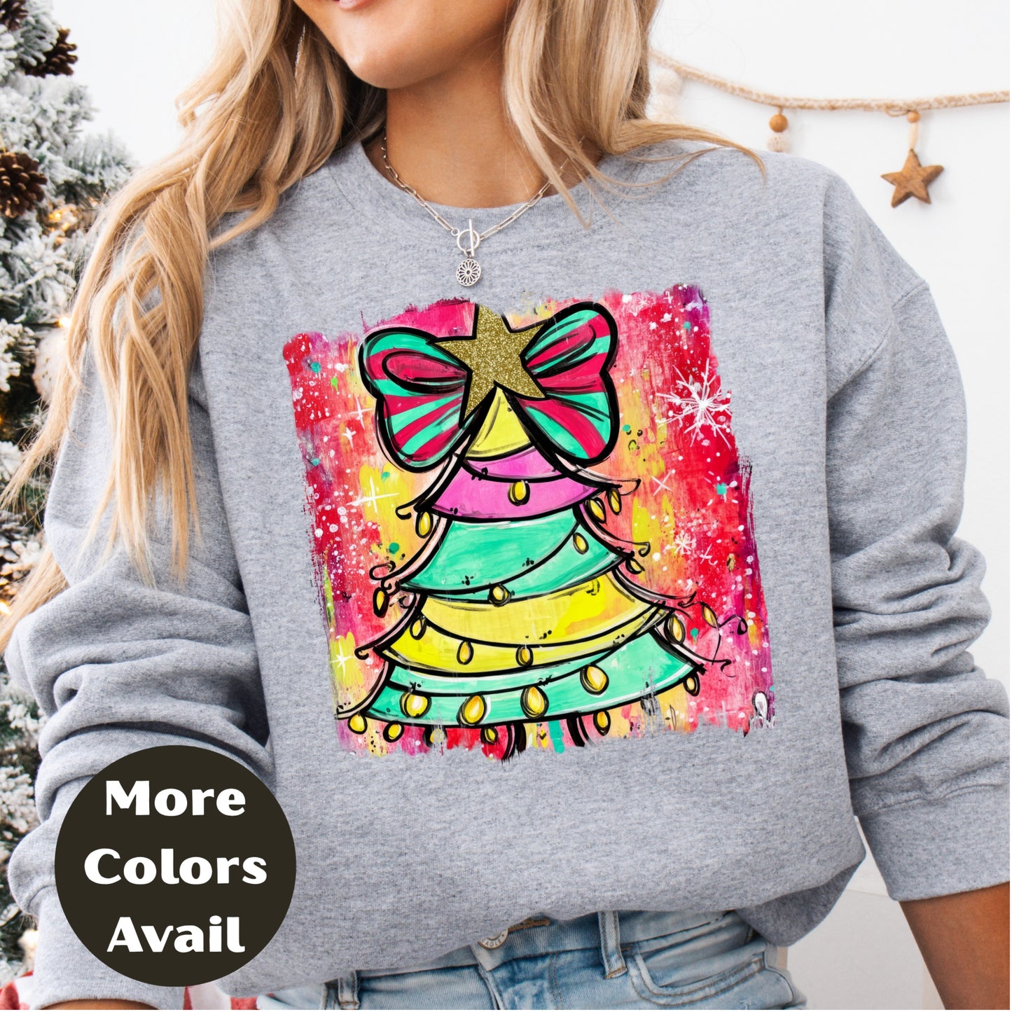 Rainbow Christmas Tree Shirt or Sweatshirt – Colorful Holiday Top S-4XL Plus Size – Whimsical Bow Tree – Bright Festive Tee