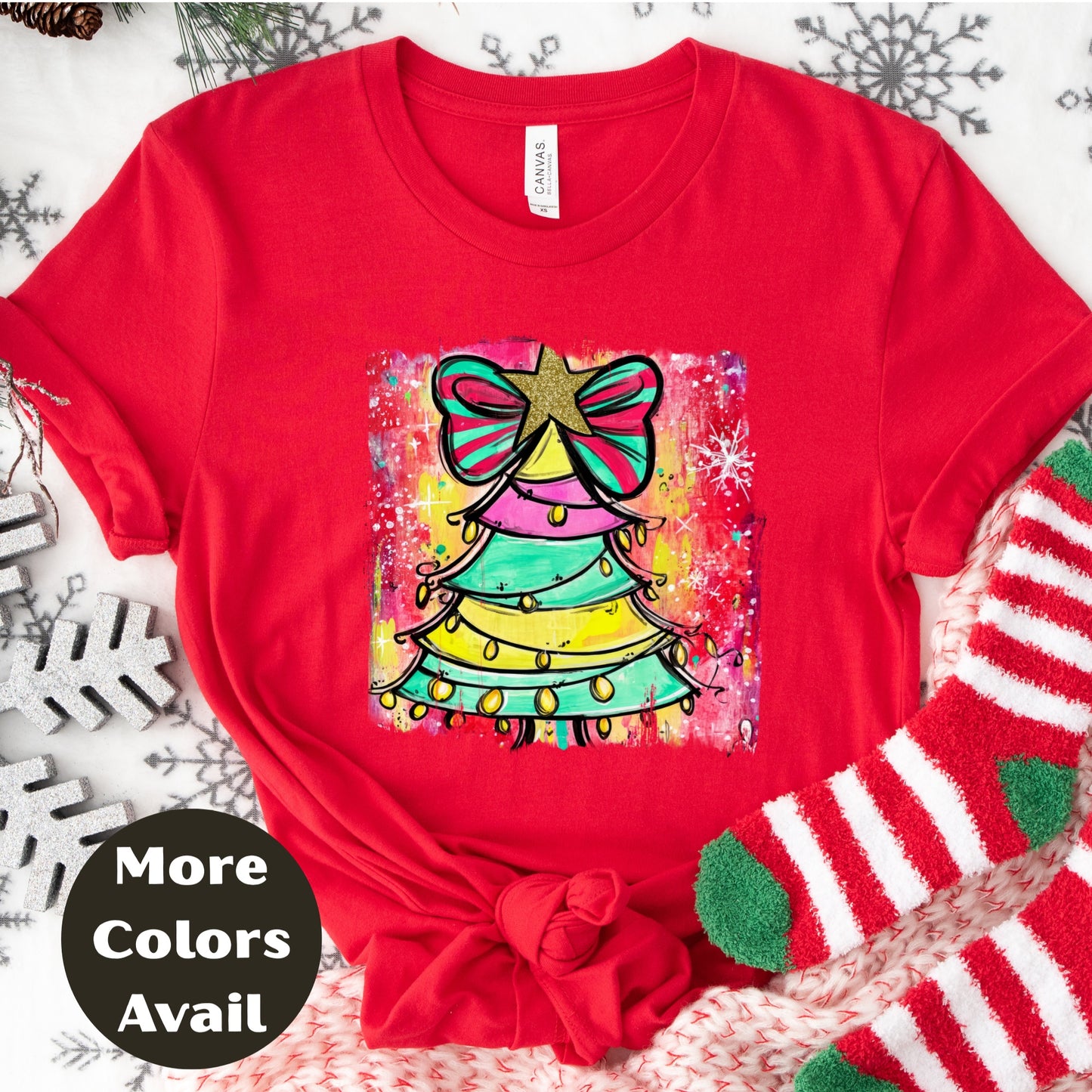 Rainbow Christmas Tree Shirt or Sweatshirt – Colorful Holiday Top S-4XL Plus Size – Whimsical Bow Tree – Bright Festive Tee