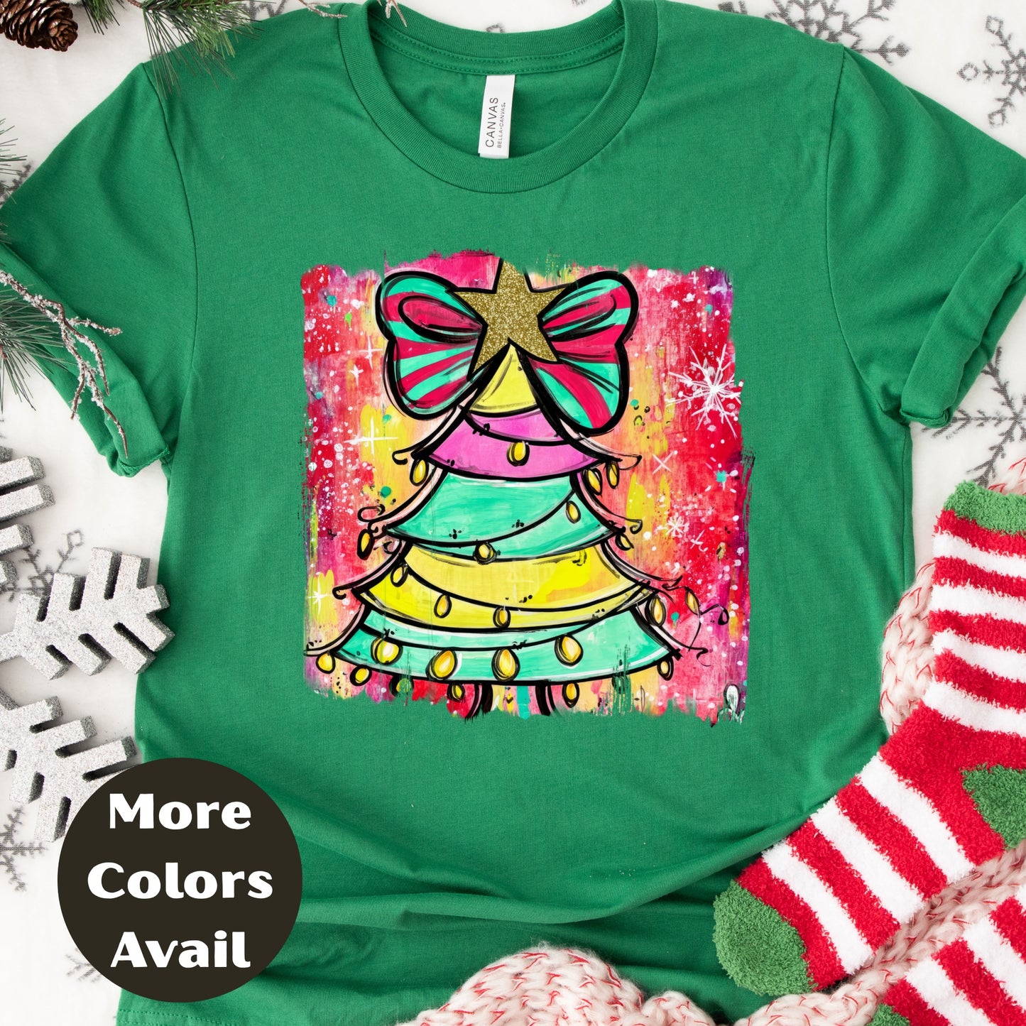 Rainbow Christmas Tree Shirt or Sweatshirt – Colorful Holiday Top S-4XL Plus Size – Whimsical Bow Tree – Bright Festive Tee