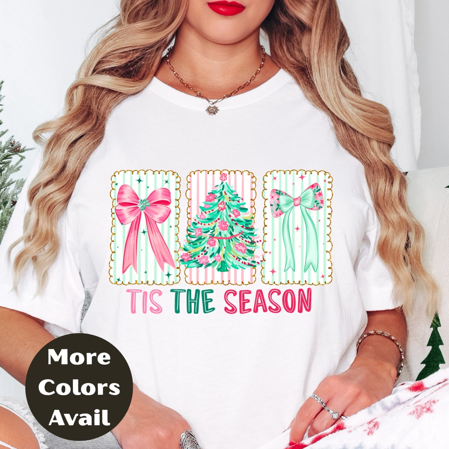 'Tis the Season Shirt or Sweatshirt – Pastel Christmas Top S-4XL Plus Size – Pink & Mint Bows, Holiday Tree – Festive Retro Tee