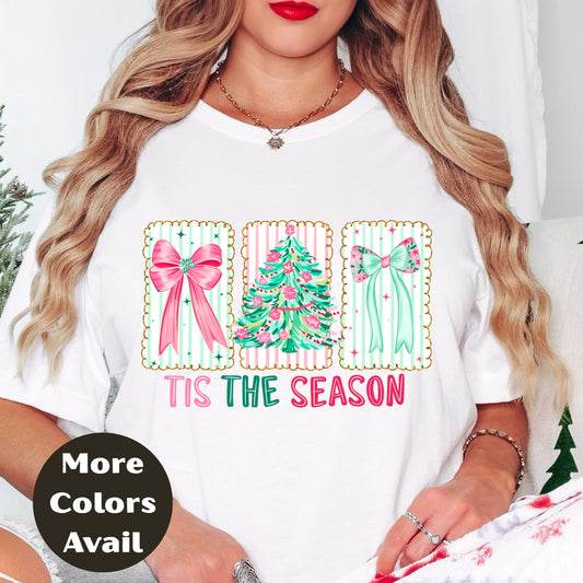 'Tis the Season Shirt or Sweatshirt – Pastel Christmas Top S-4XL Plus Size – Pink & Mint Bows, Holiday Tree – Festive Retro Tee