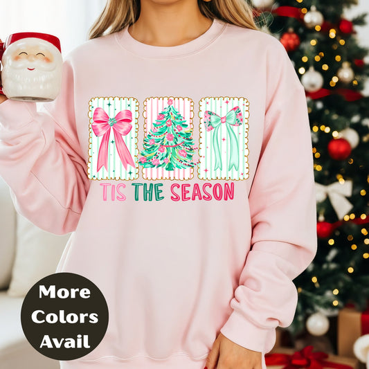 'Tis the Season Shirt or Sweatshirt – Pastel Christmas Top S-4XL Plus Size – Pink & Mint Bows, Holiday Tree – Festive Retro Tee