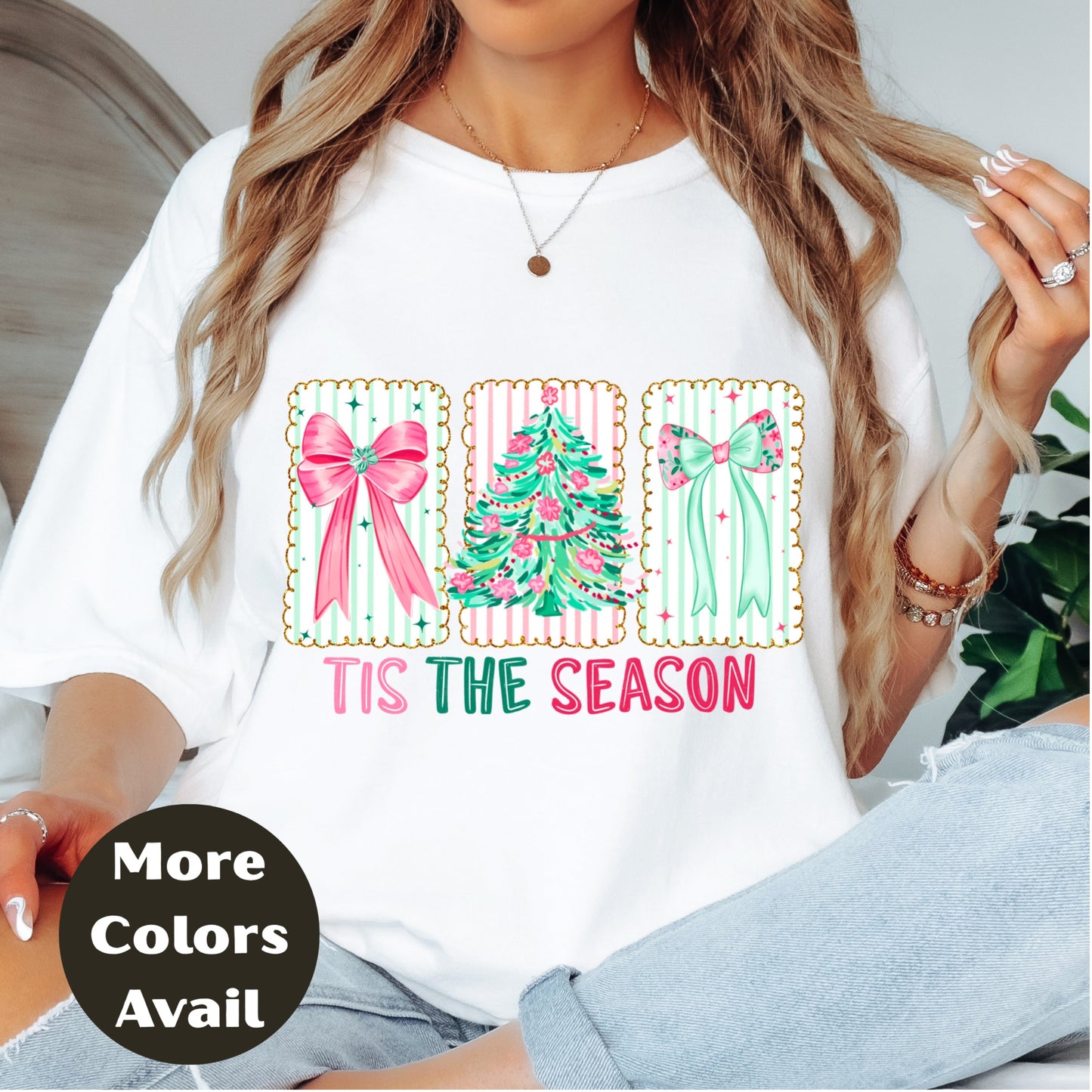 'Tis the Season Shirt or Sweatshirt – Pastel Christmas Top S-4XL Plus Size – Pink & Mint Bows, Holiday Tree – Festive Retro Tee