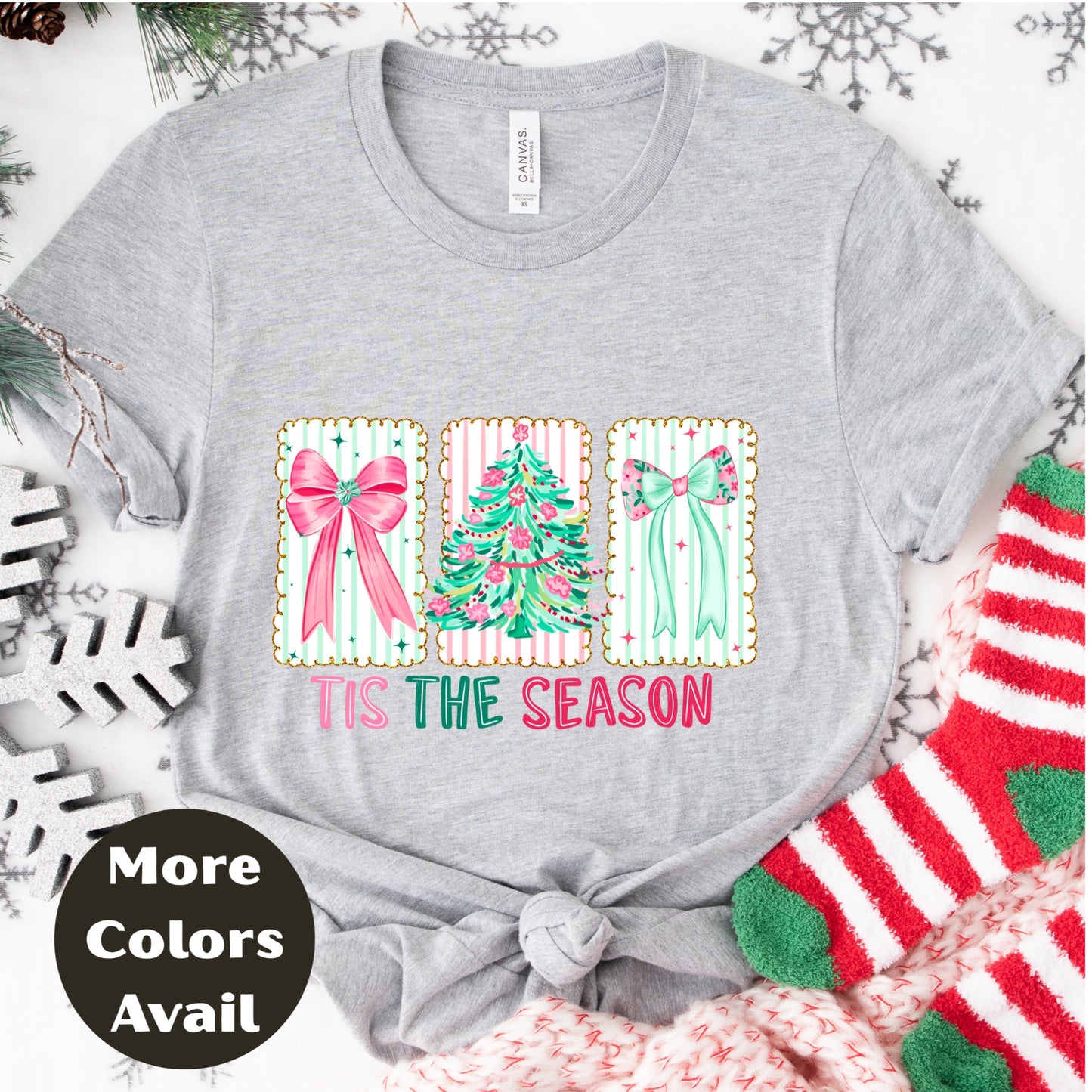 'Tis the Season Shirt or Sweatshirt – Pastel Christmas Top S-4XL Plus Size – Pink & Mint Bows, Holiday Tree – Festive Retro Tee