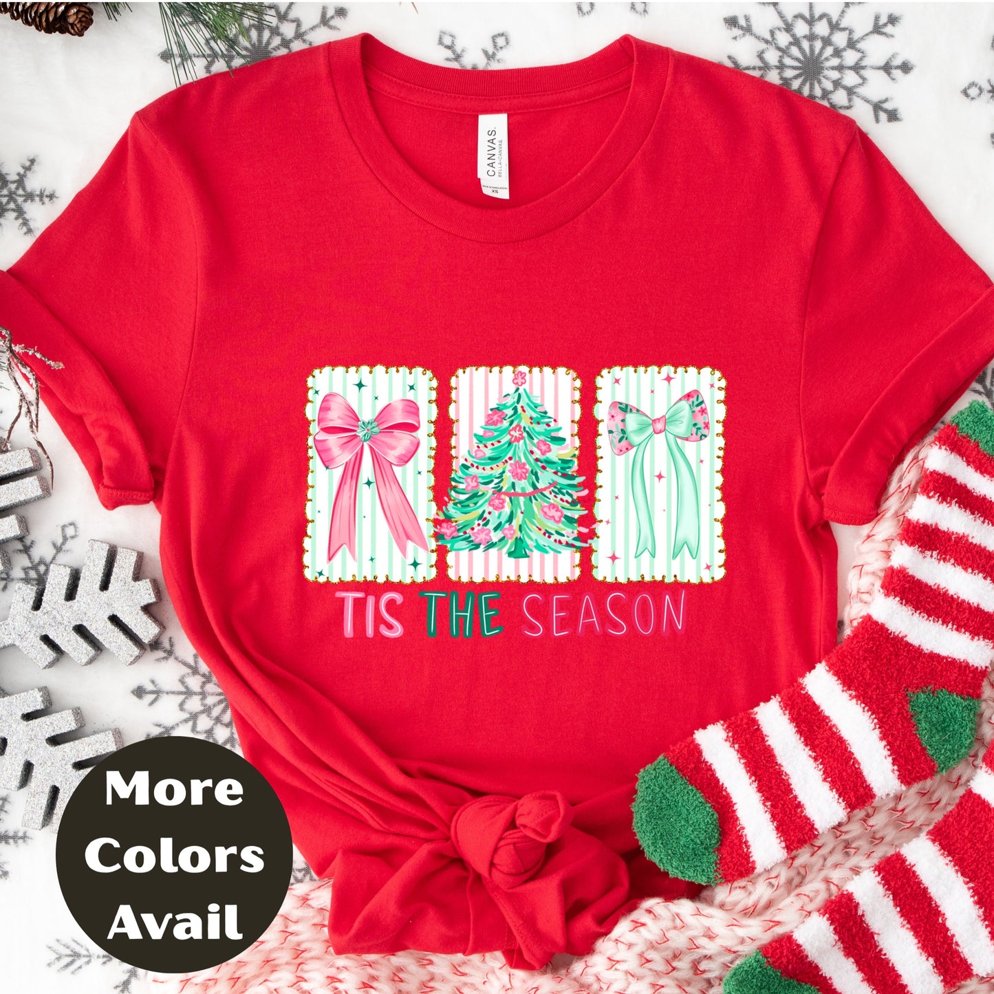 'Tis the Season Shirt or Sweatshirt – Pastel Christmas Top S-4XL Plus Size – Pink & Mint Bows, Holiday Tree – Festive Retro Tee