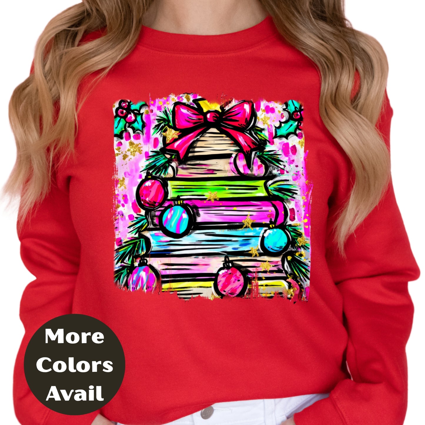 Neon Bow Christmas Tree Shirt or Sweatshirt – Bright Holiday Top S-4XL Plus Size - Multiple Colors