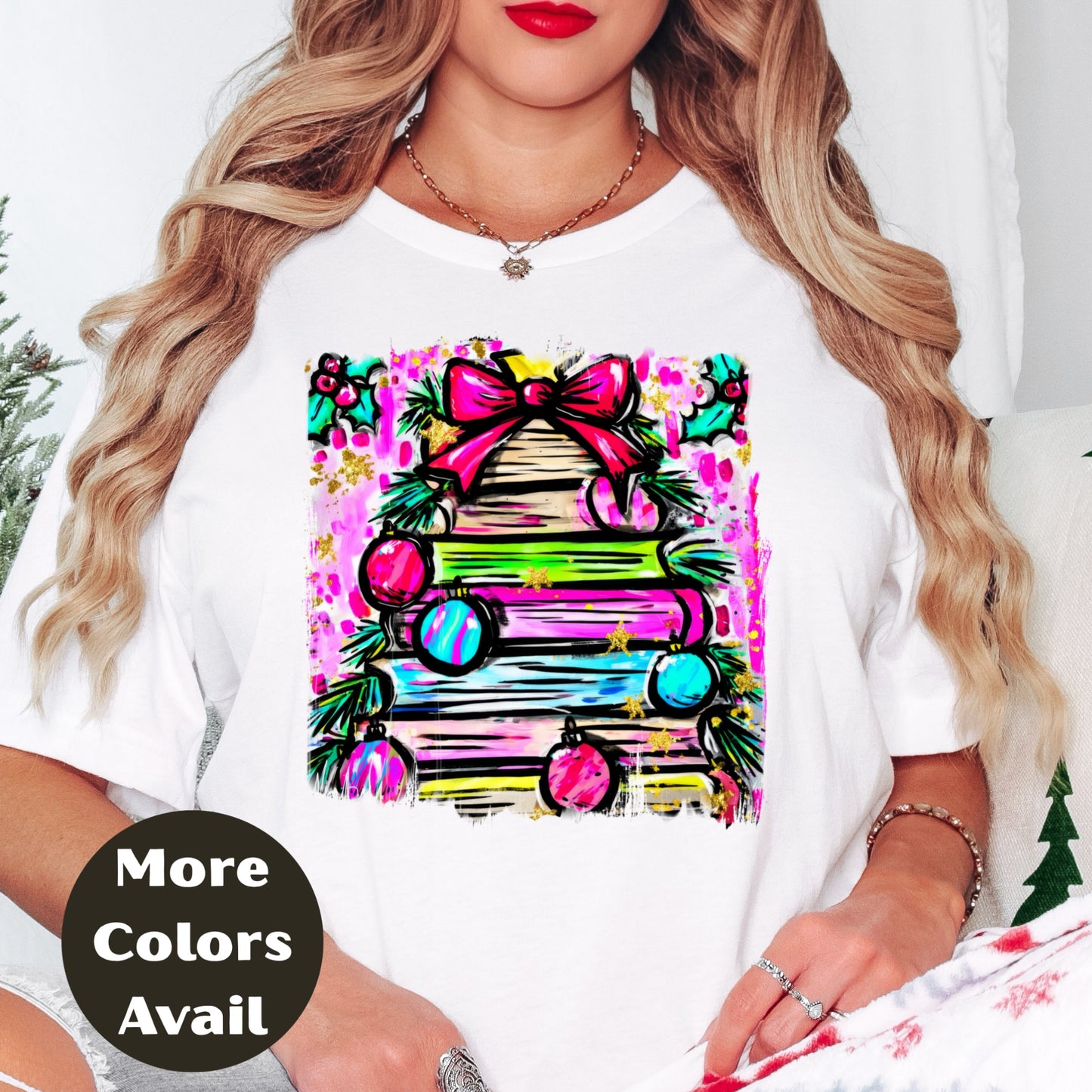 Neon Bow Christmas Tree Shirt or Sweatshirt – Bright Holiday Top S-4XL Plus Size - Multiple Colors