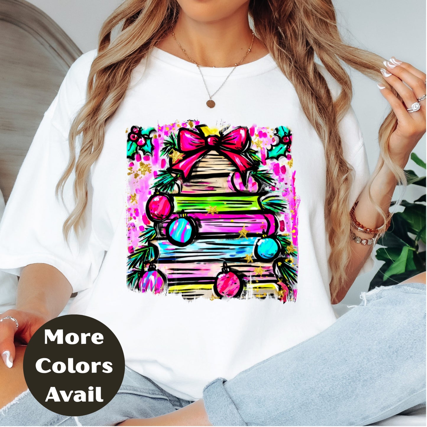 Neon Bow Christmas Tree Shirt or Sweatshirt – Bright Holiday Top S-4XL Plus Size - Multiple Colors