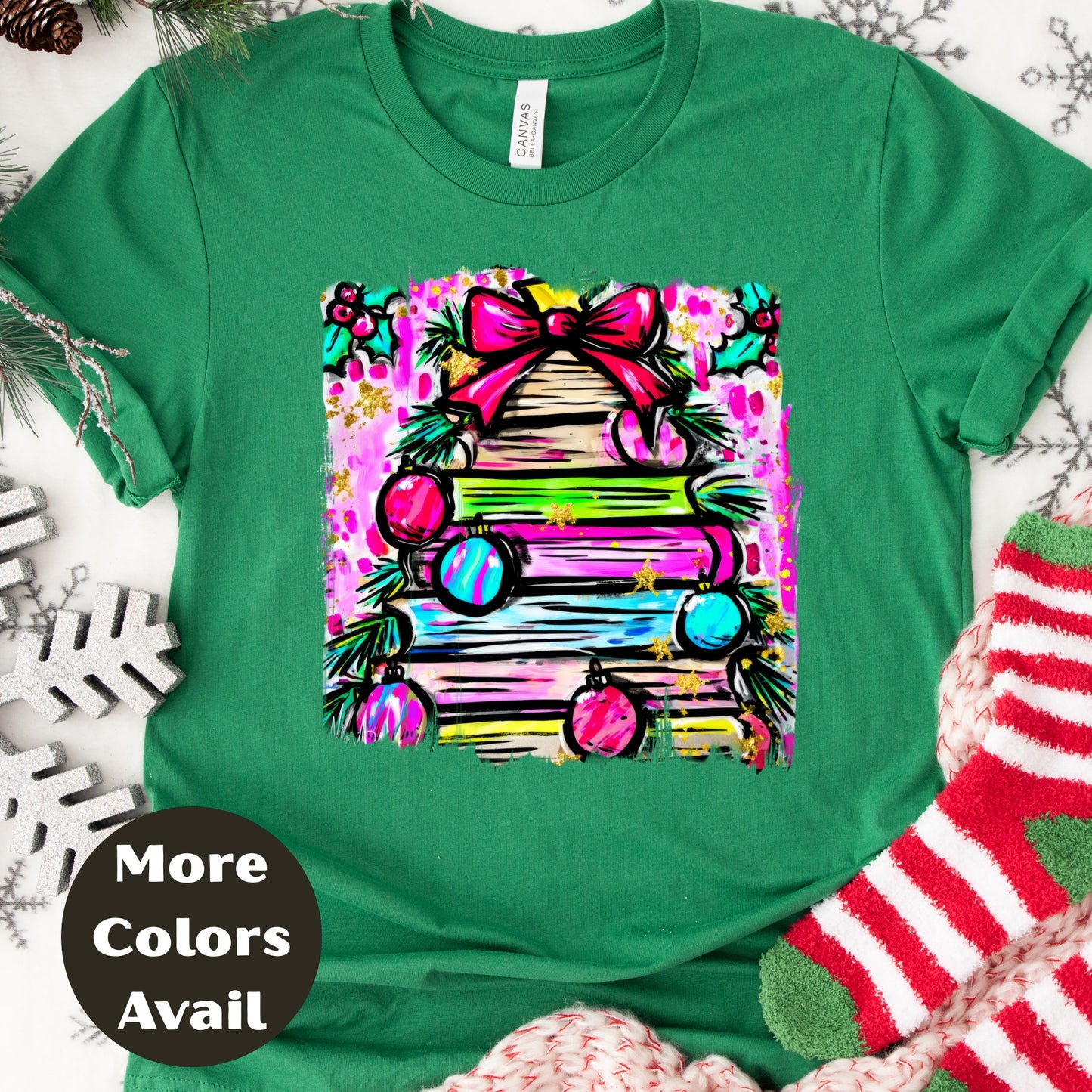 Neon Bow Christmas Tree Shirt or Sweatshirt – Bright Holiday Top S-4XL Plus Size - Multiple Colors