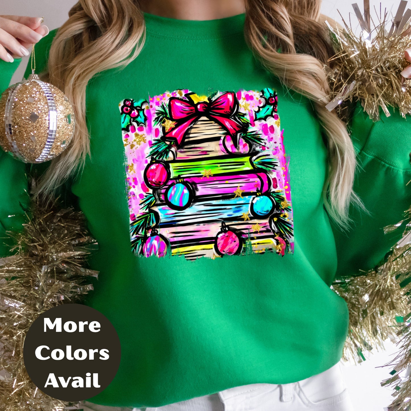 Neon Bow Christmas Tree Shirt or Sweatshirt – Bright Holiday Top S-4XL Plus Size - Multiple Colors