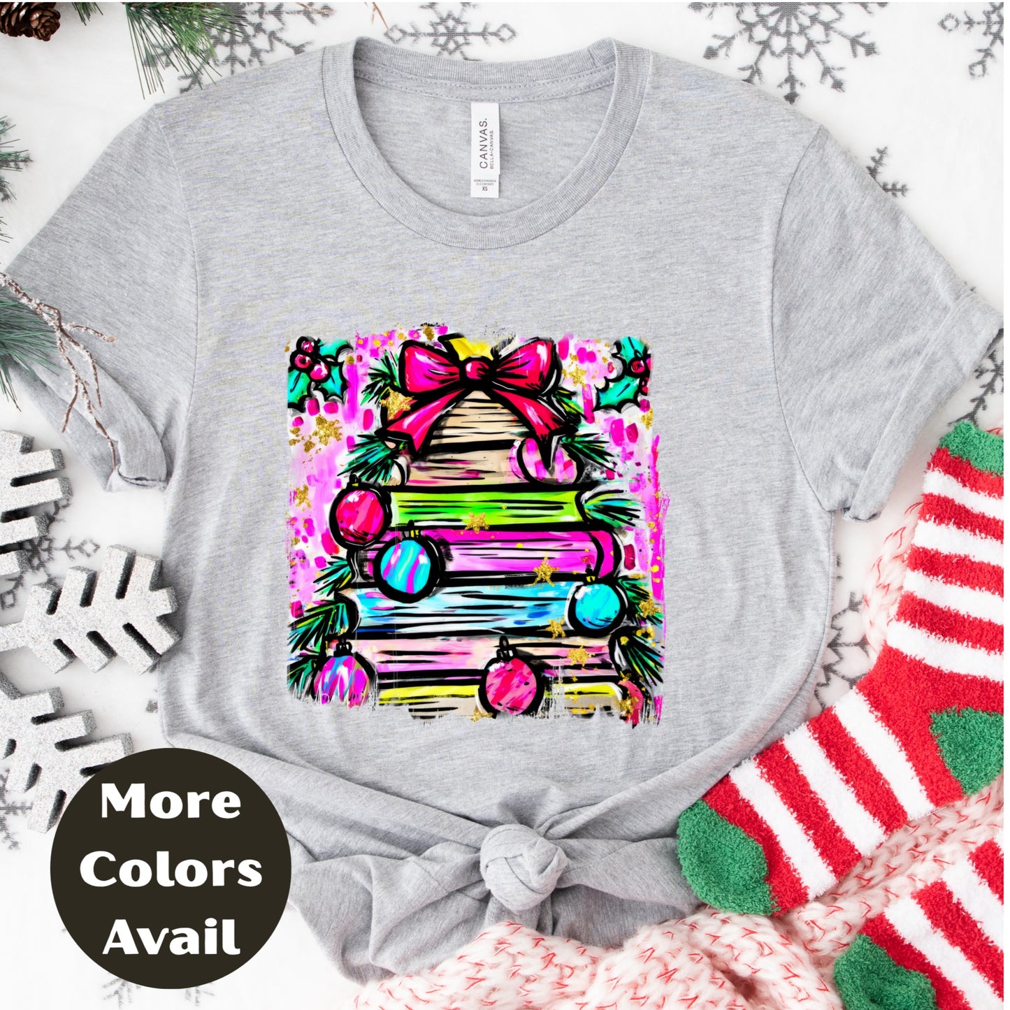 Neon Bow Christmas Tree Shirt or Sweatshirt – Bright Holiday Top S-4XL Plus Size - Multiple Colors