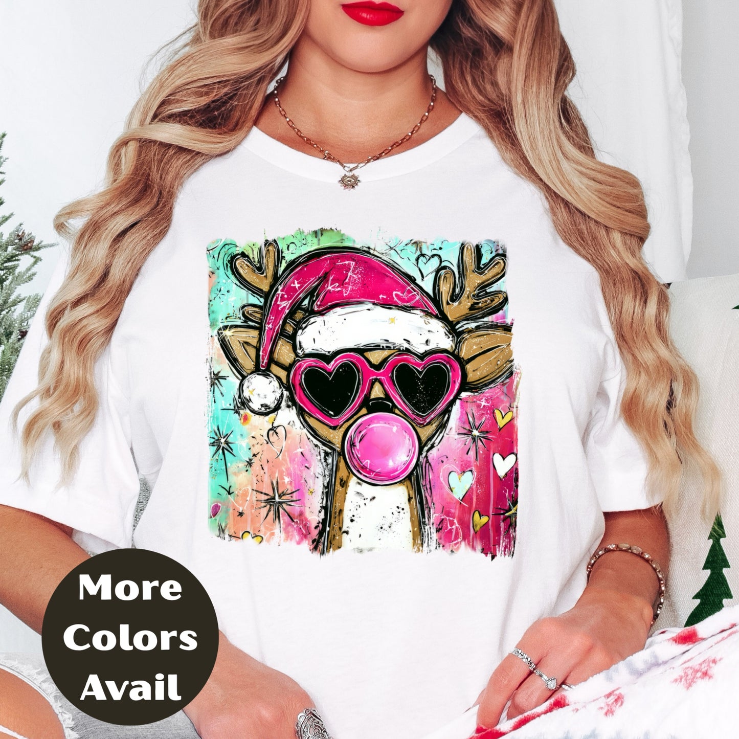 Bubblegum Santa Reindeer Christmas Shirt or Sweatshirt - Small-4XL and Plus Size - Multiple Colors