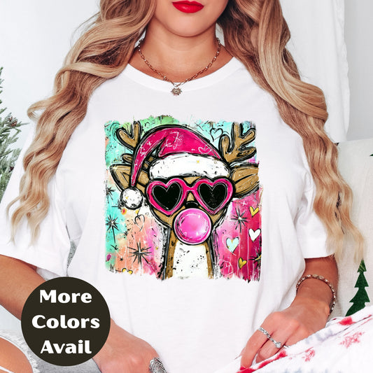 Bubblegum Santa Reindeer Christmas Shirt or Sweatshirt - Small-4XL and Plus Size - Multiple Colors