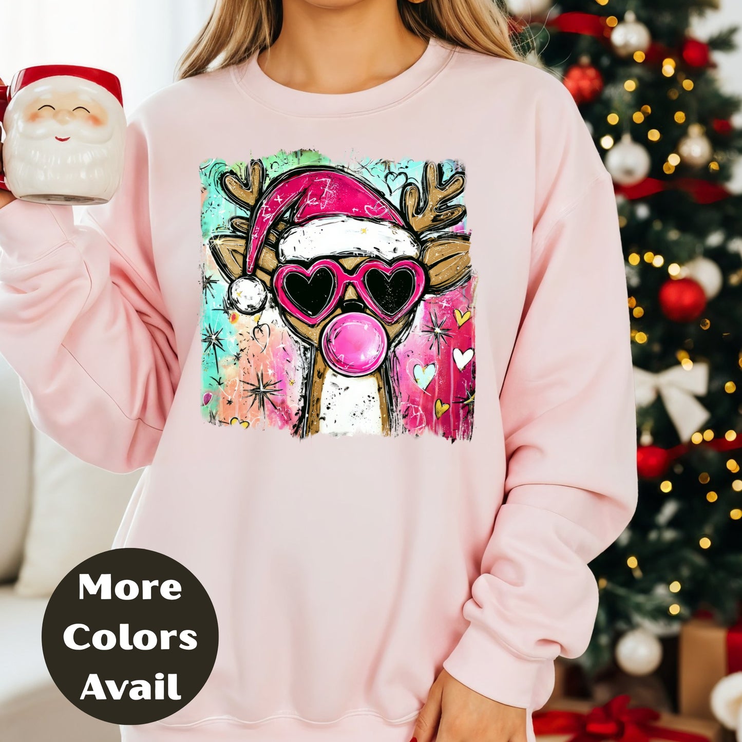 Bubblegum Santa Reindeer Christmas Shirt or Sweatshirt - Small-4XL and Plus Size - Multiple Colors