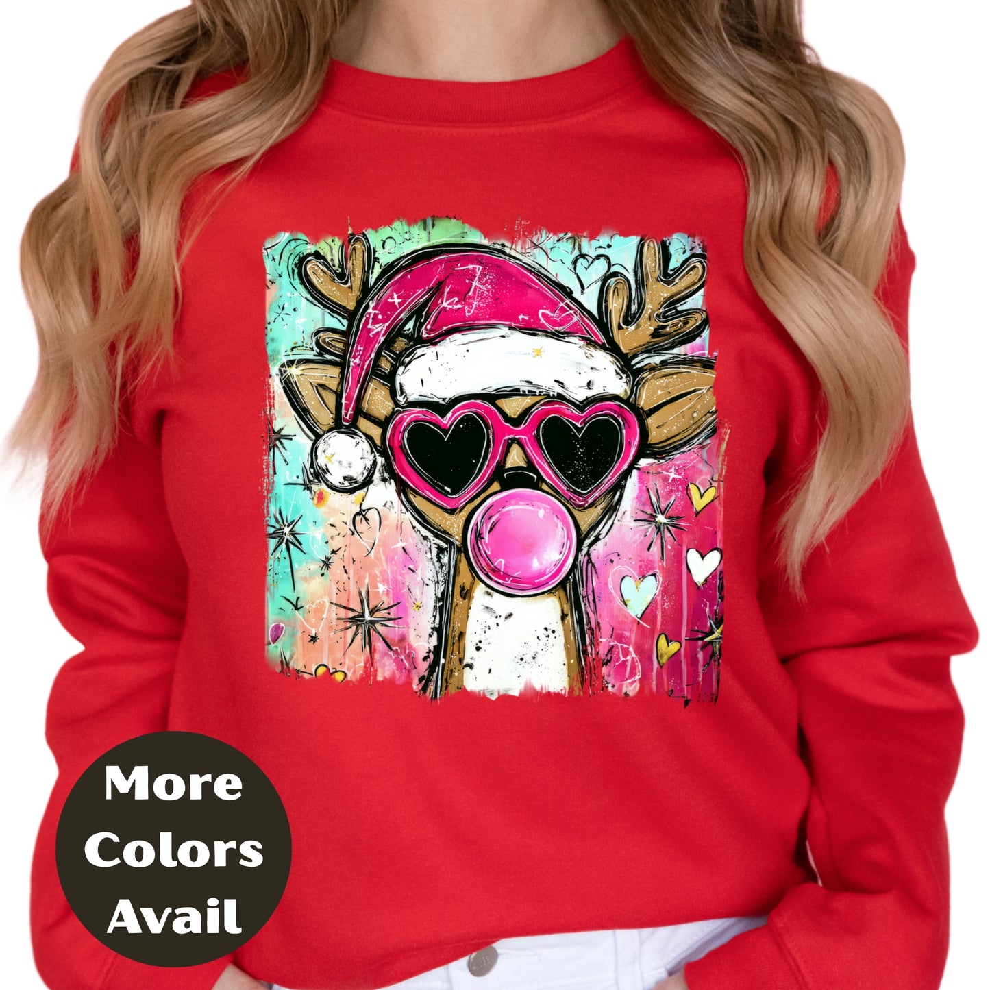 Bubblegum Santa Reindeer Christmas Shirt or Sweatshirt - Small-4XL and Plus Size - Multiple Colors
