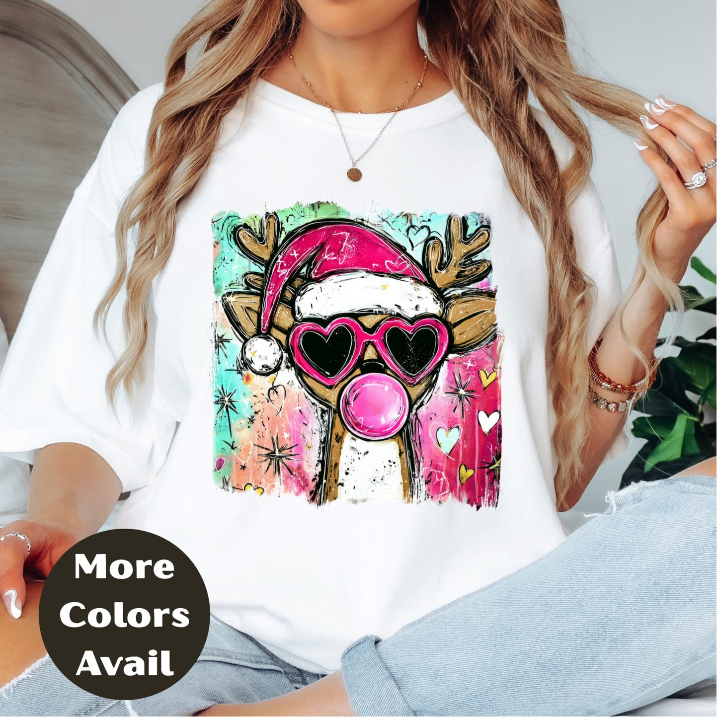 Bubblegum Santa Reindeer Christmas Shirt or Sweatshirt - Small-4XL and Plus Size - Multiple Colors
