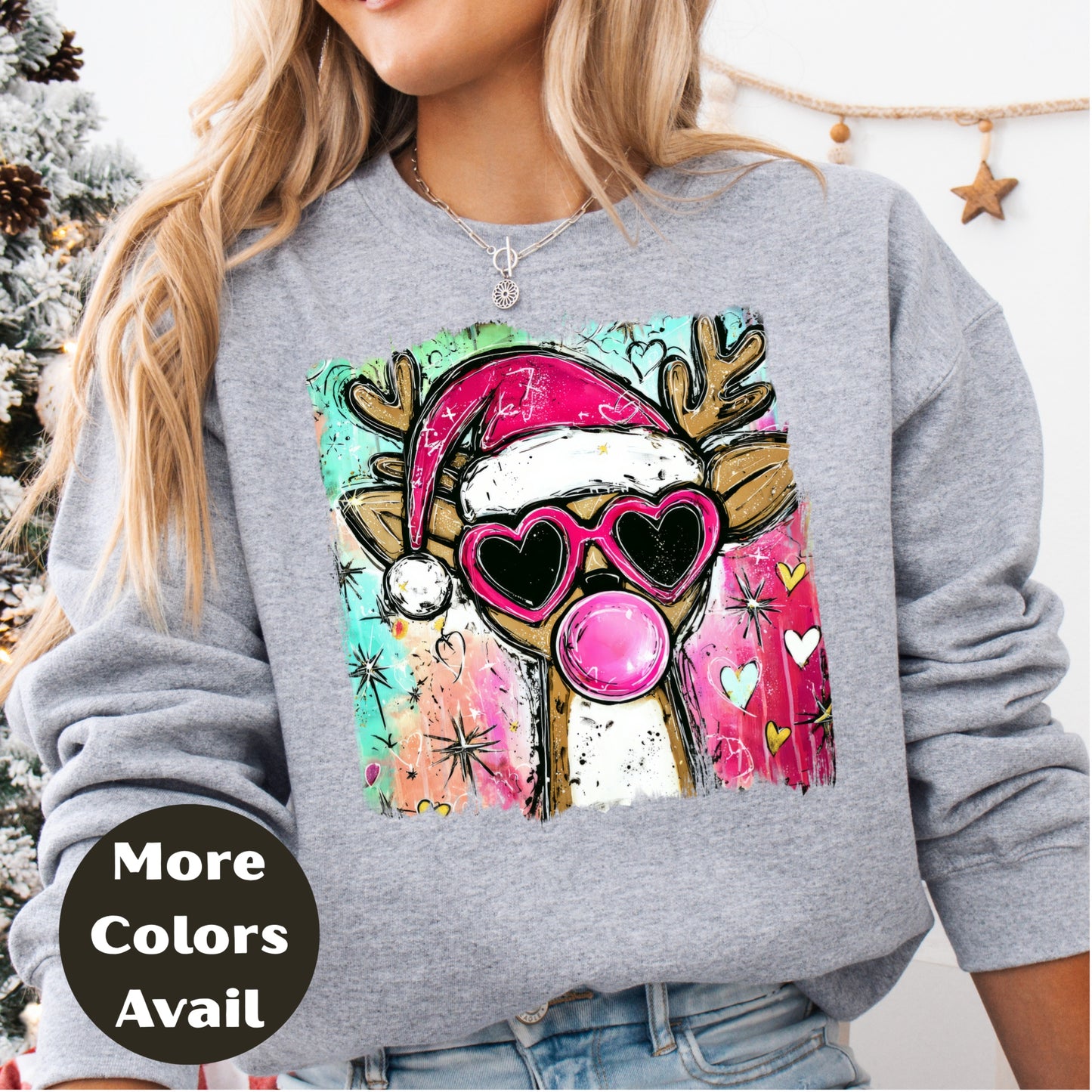 Bubblegum Santa Reindeer Christmas Shirt or Sweatshirt - Small-4XL and Plus Size - Multiple Colors