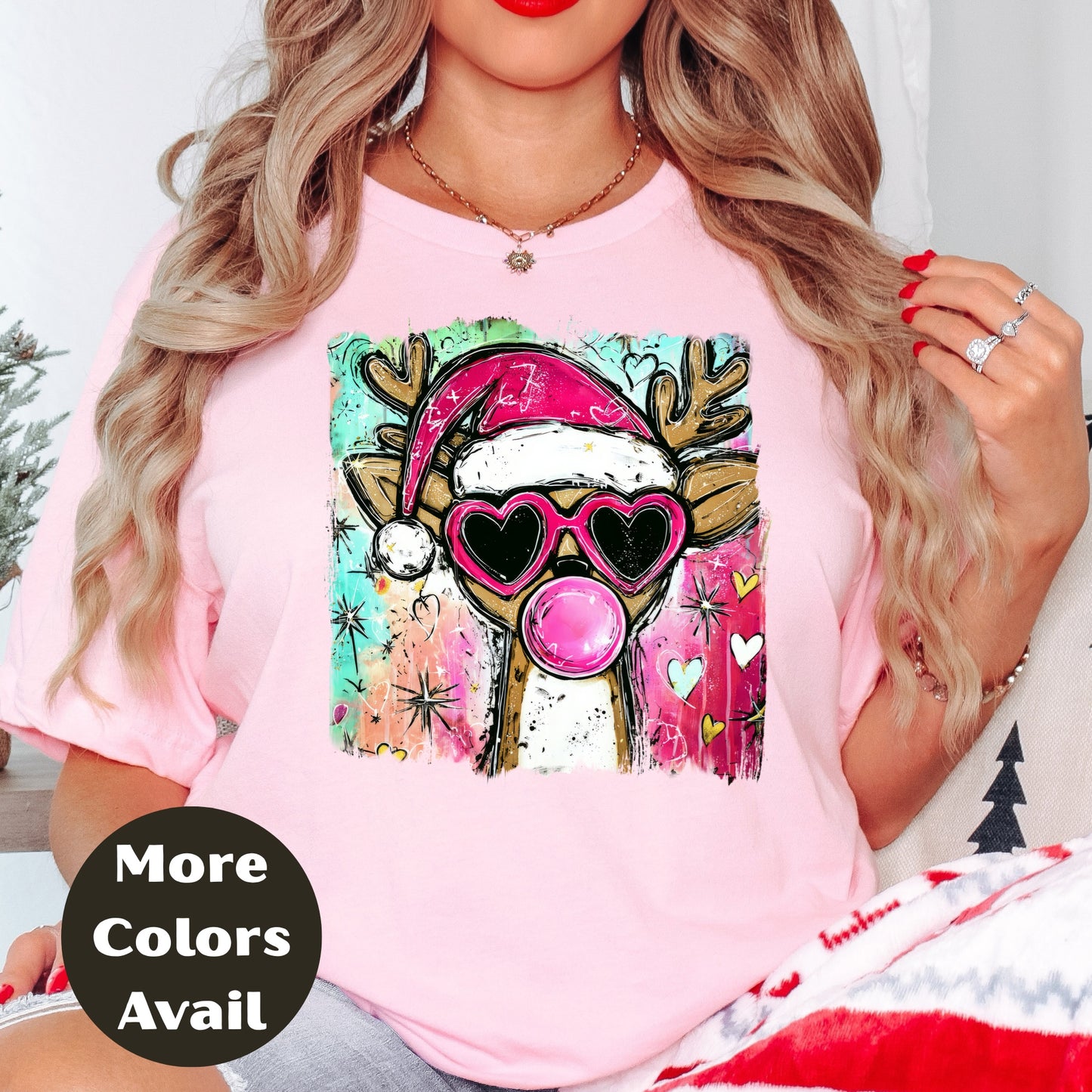 Bubblegum Santa Reindeer Christmas Shirt or Sweatshirt - Small-4XL and Plus Size - Multiple Colors