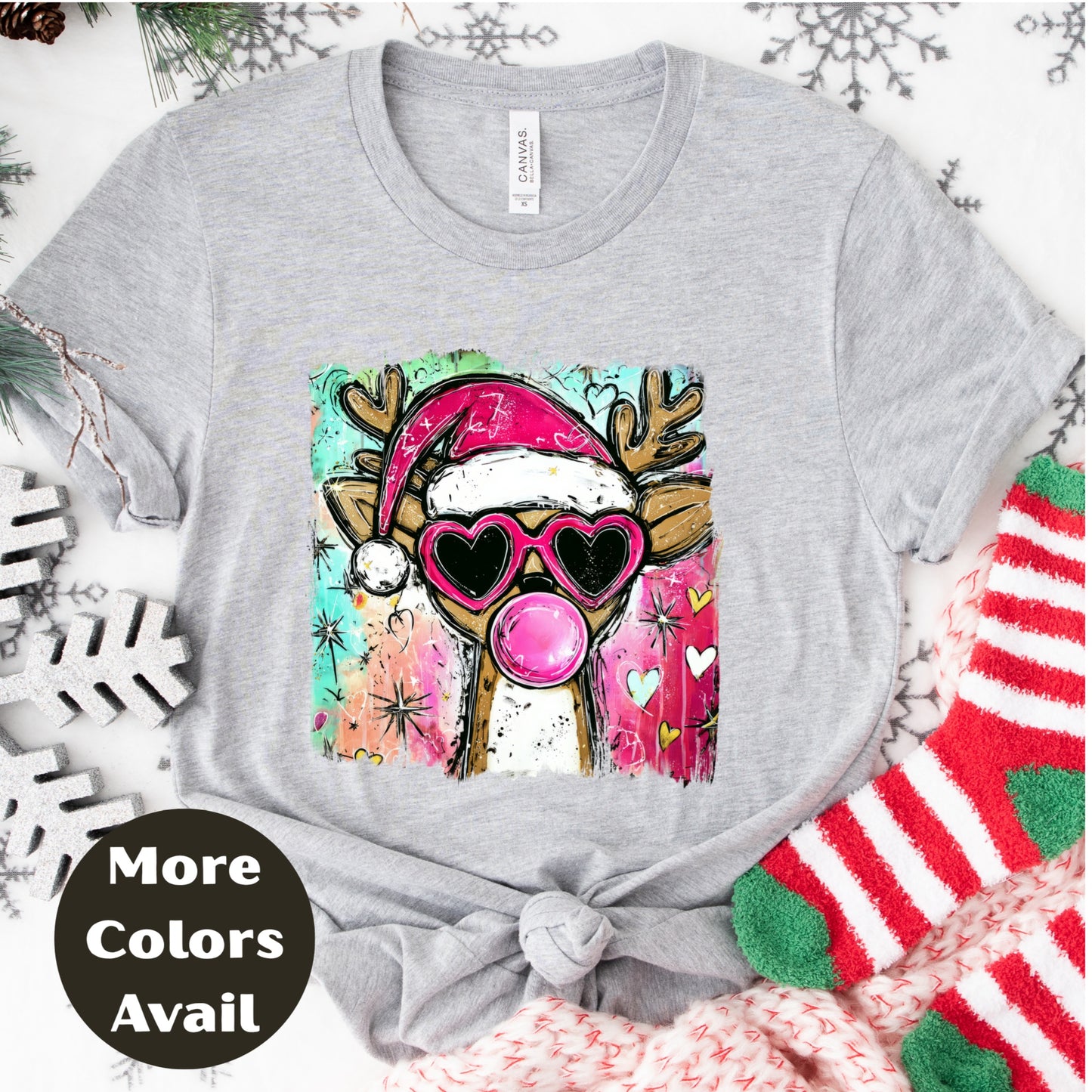 Bubblegum Santa Reindeer Christmas Shirt or Sweatshirt - Small-4XL and Plus Size - Multiple Colors
