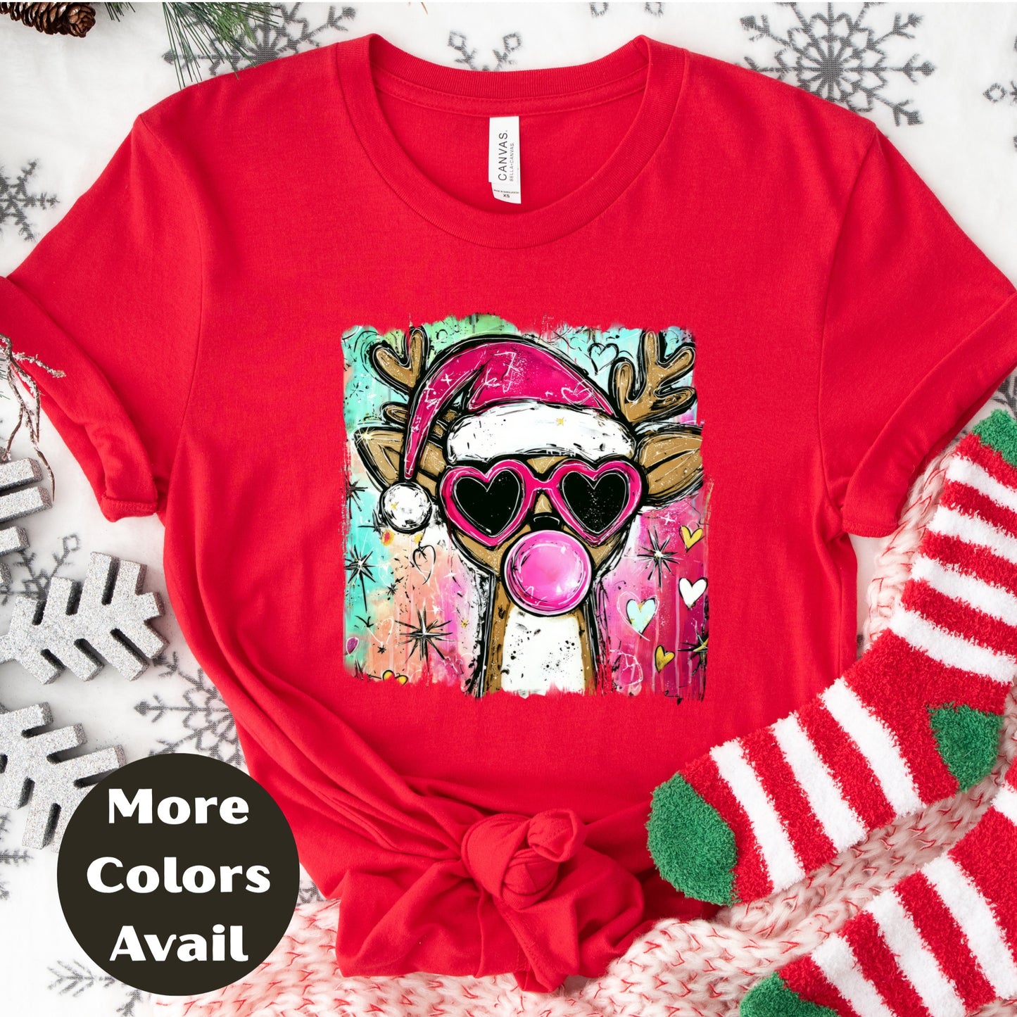 Bubblegum Santa Reindeer Christmas Shirt or Sweatshirt - Small-4XL and Plus Size - Multiple Colors