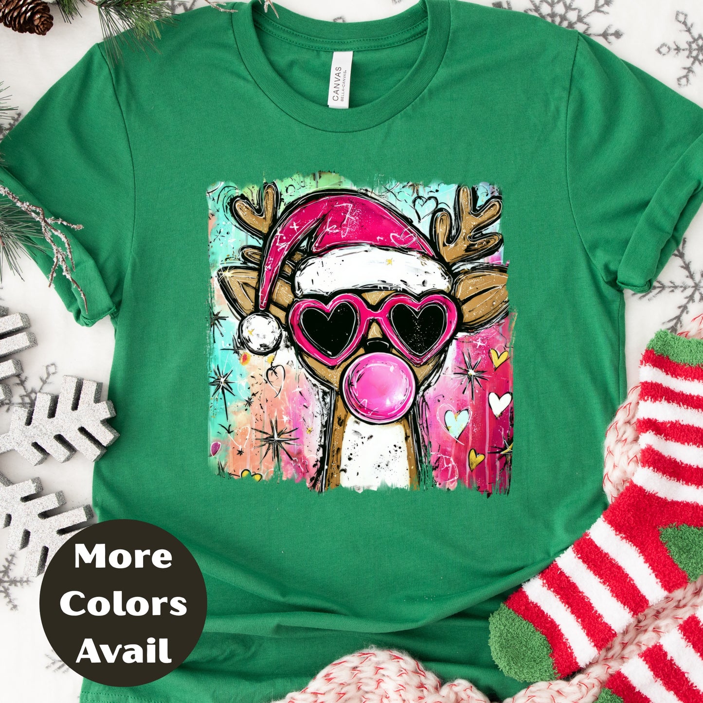 Bubblegum Santa Reindeer Christmas Shirt or Sweatshirt - Small-4XL and Plus Size - Multiple Colors