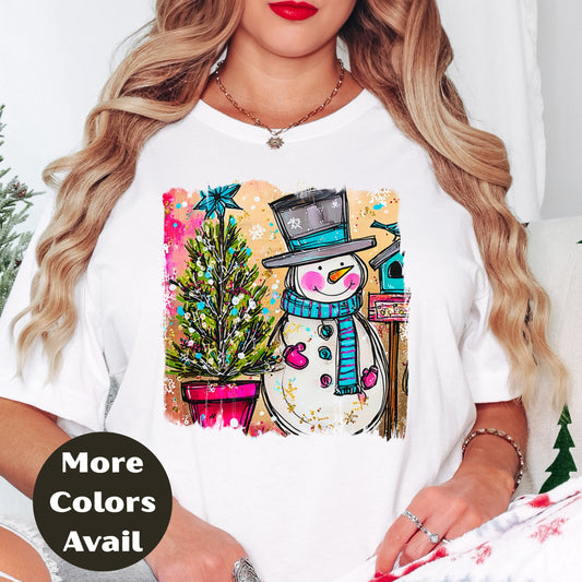 Snowman & Christmas Tree Shirt or Sweatshirt – Cute Holiday Top - Small-4XL and Plus Size – Multiple Colors