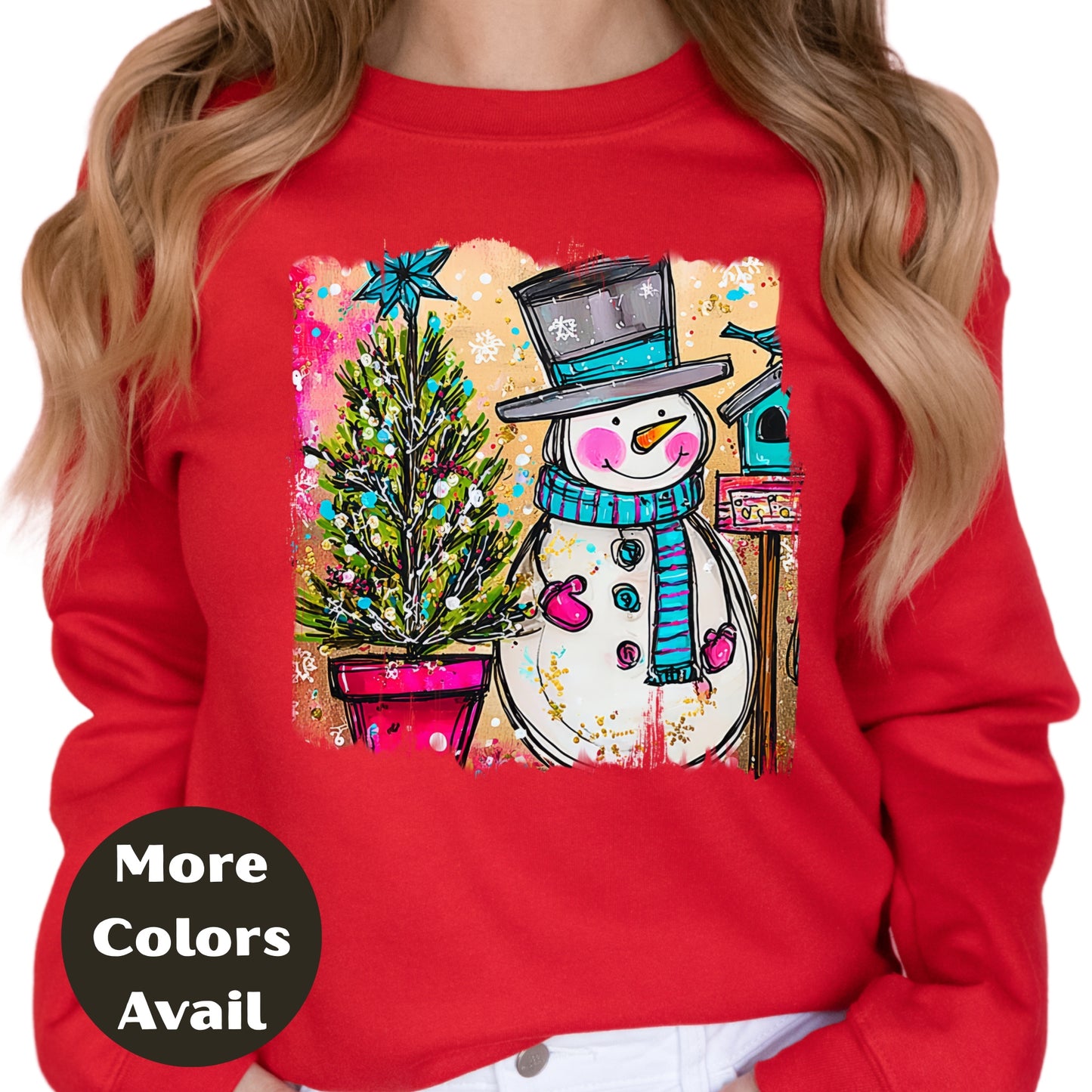 Snowman & Christmas Tree Shirt or Sweatshirt – Cute Holiday Top - Small-4XL and Plus Size – Multiple Colors