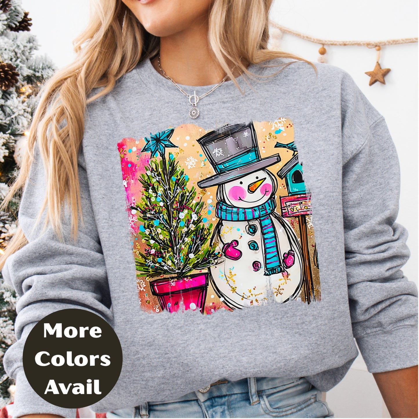 Snowman & Christmas Tree Shirt or Sweatshirt – Cute Holiday Top - Small-4XL and Plus Size – Multiple Colors