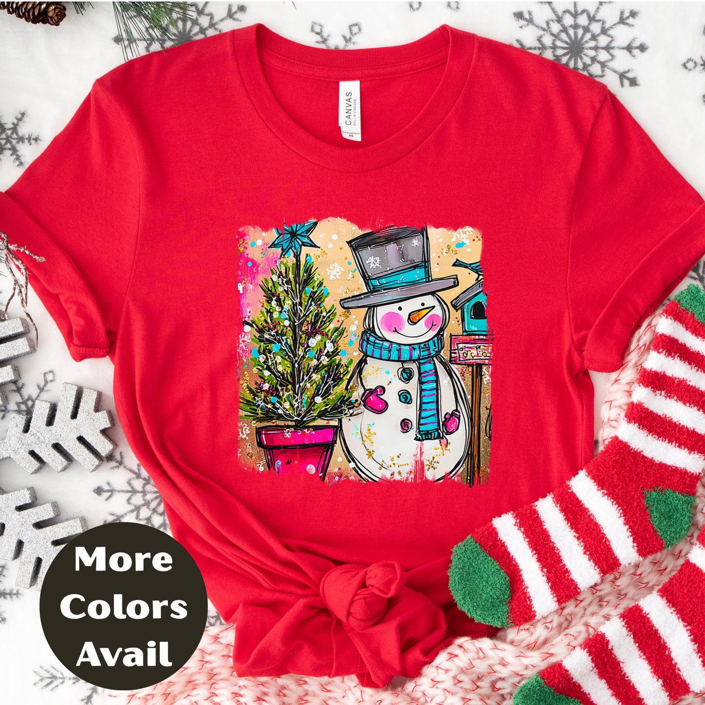 Snowman & Christmas Tree Shirt or Sweatshirt – Cute Holiday Top - Small-4XL and Plus Size – Multiple Colors