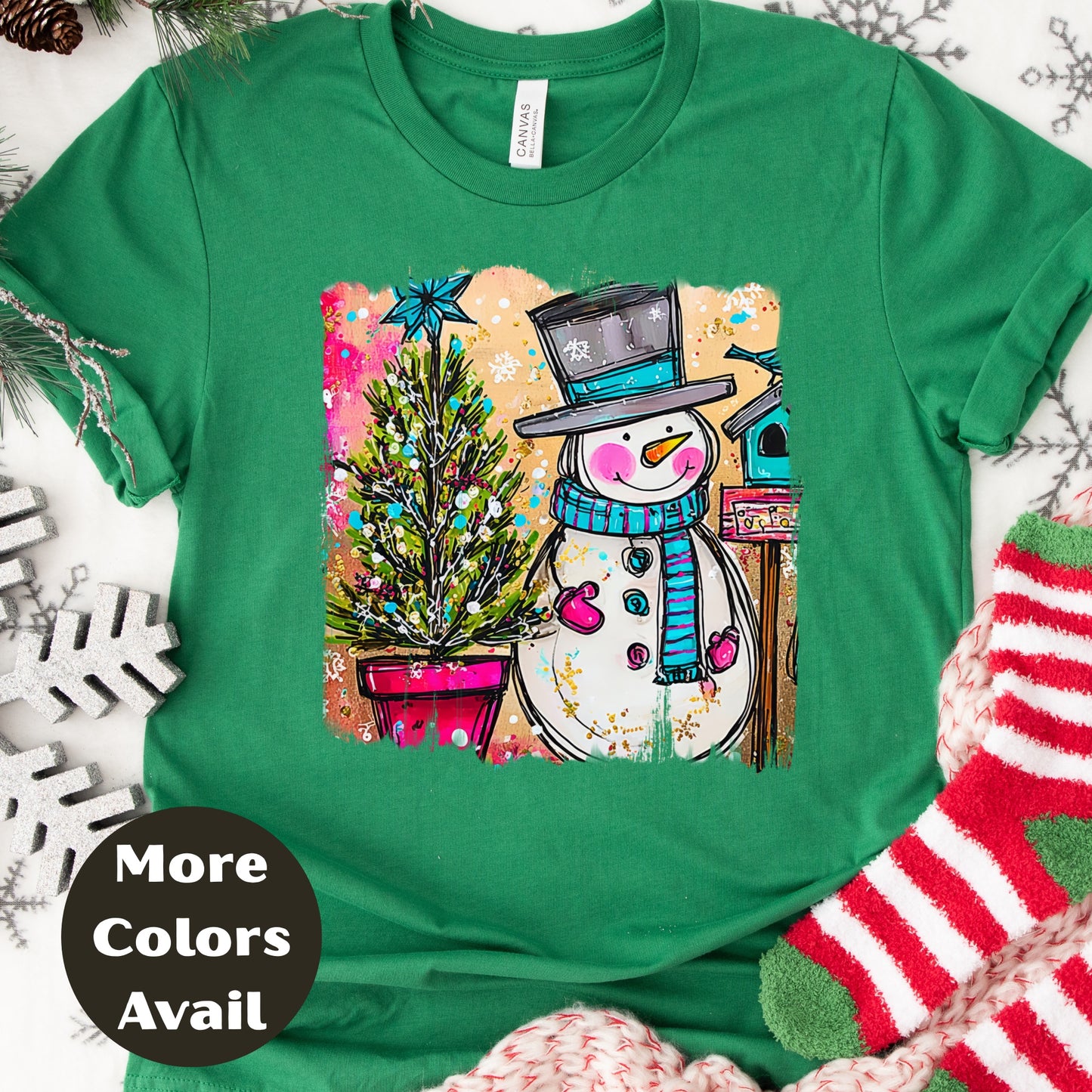 Snowman & Christmas Tree Shirt or Sweatshirt – Cute Holiday Top - Small-4XL and Plus Size – Multiple Colors