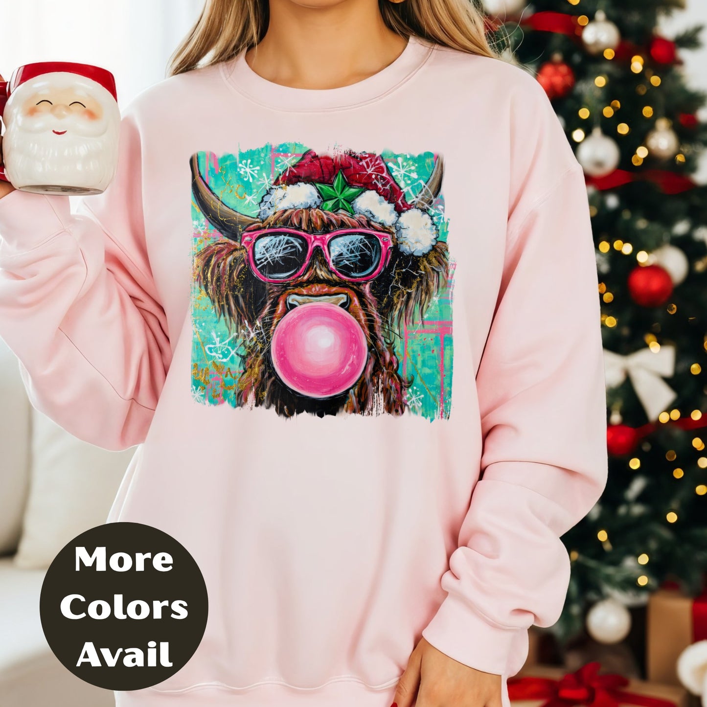 Bubblegum Highland Cow Christmas Shirt or Sweatshirt – Cute Holiday Top Small-4XL and Plus Size – Multiple Colors