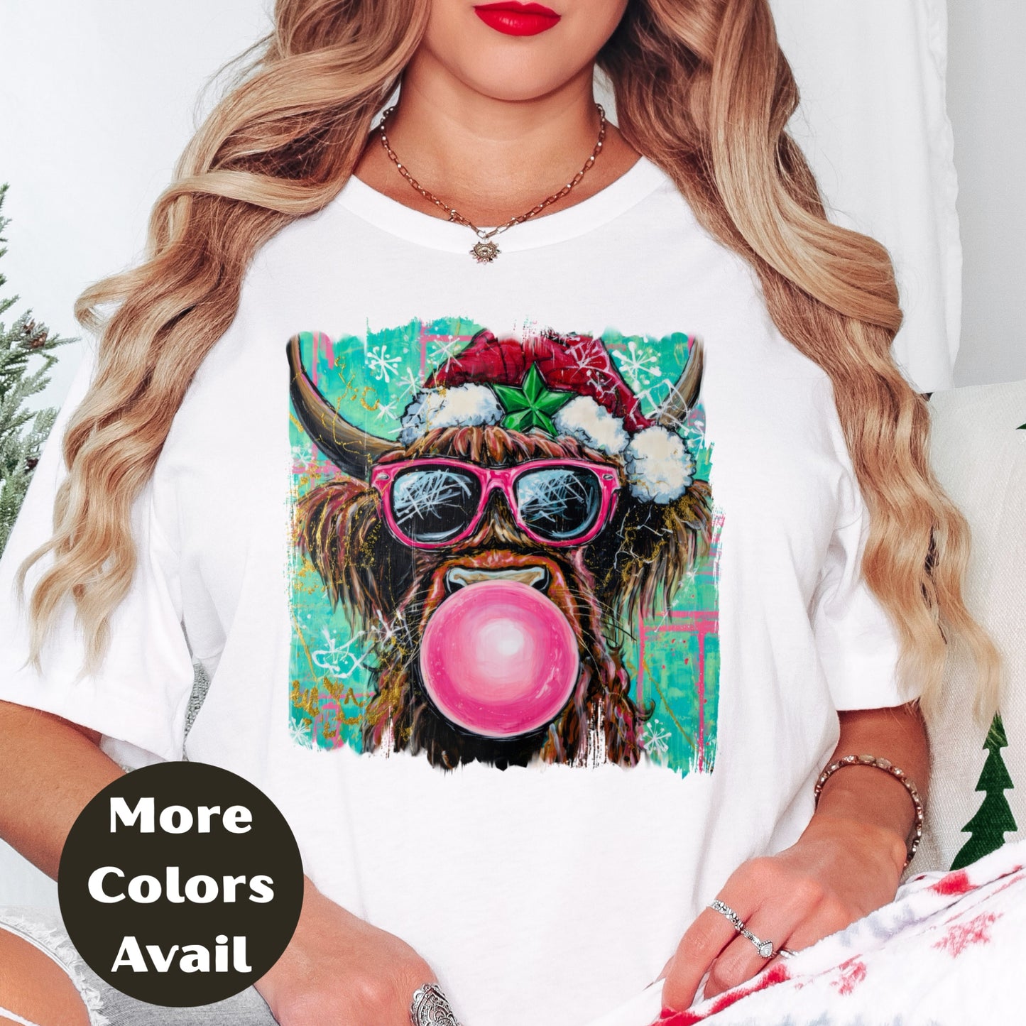 Bubblegum Highland Cow Christmas Shirt or Sweatshirt – Cute Holiday Top Small-4XL and Plus Size – Multiple Colors