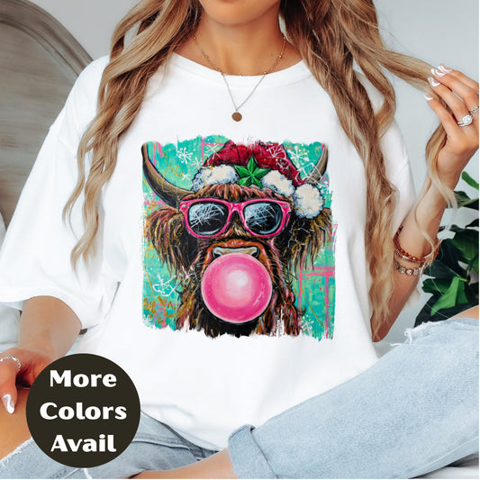 Bubblegum Highland Cow Christmas Shirt or Sweatshirt – Cute Holiday Top Small-4XL and Plus Size – Multiple Colors