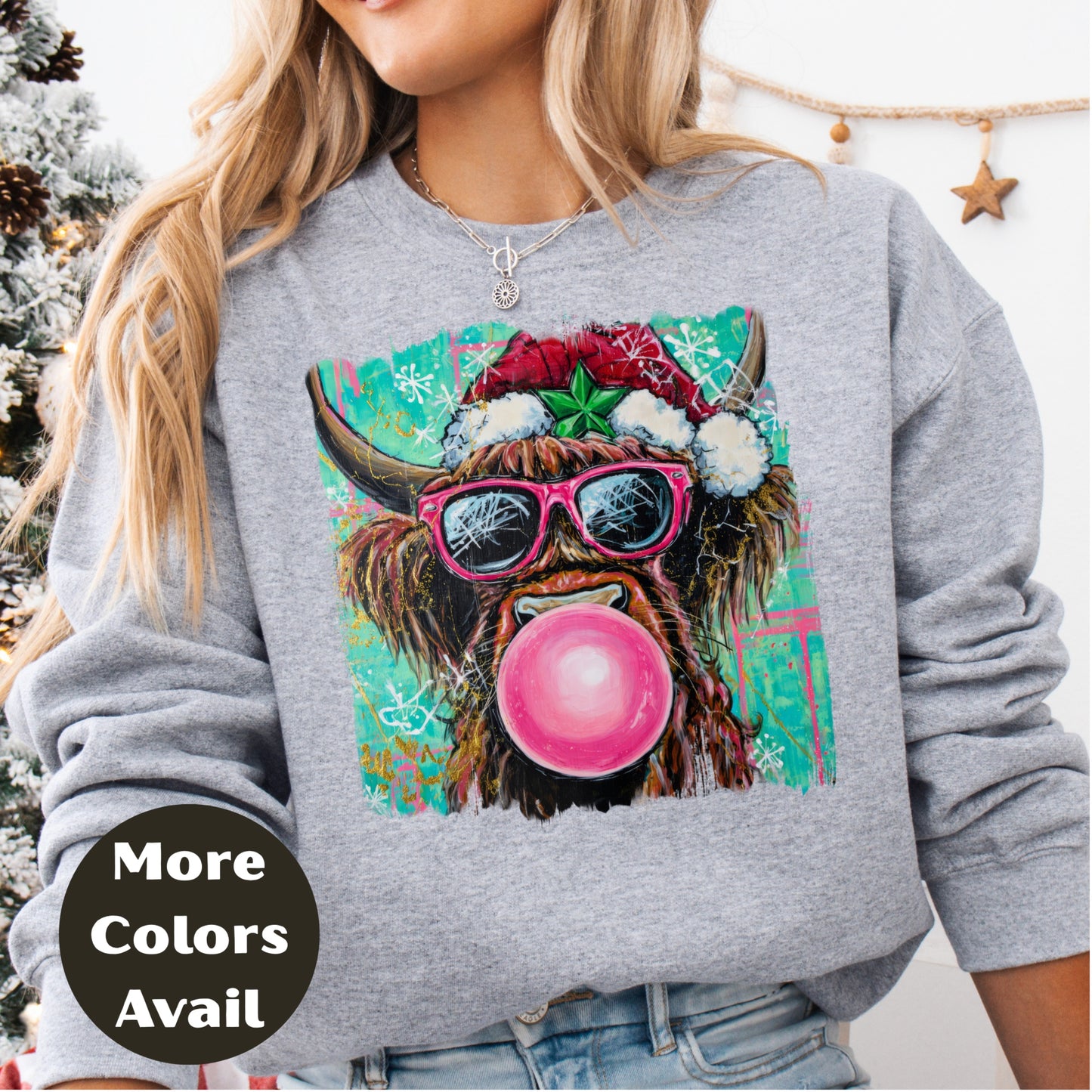 Bubblegum Highland Cow Christmas Shirt or Sweatshirt – Cute Holiday Top Small-4XL and Plus Size – Multiple Colors