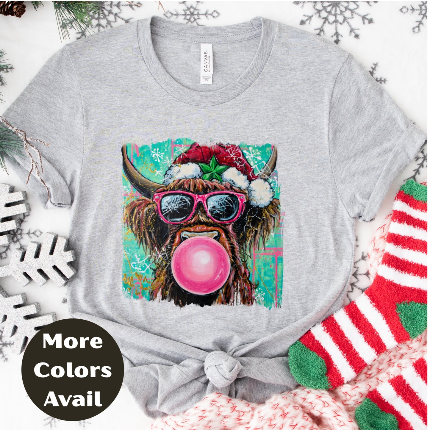Bubblegum Highland Cow Christmas Shirt or Sweatshirt – Cute Holiday Top Small-4XL and Plus Size – Multiple Colors