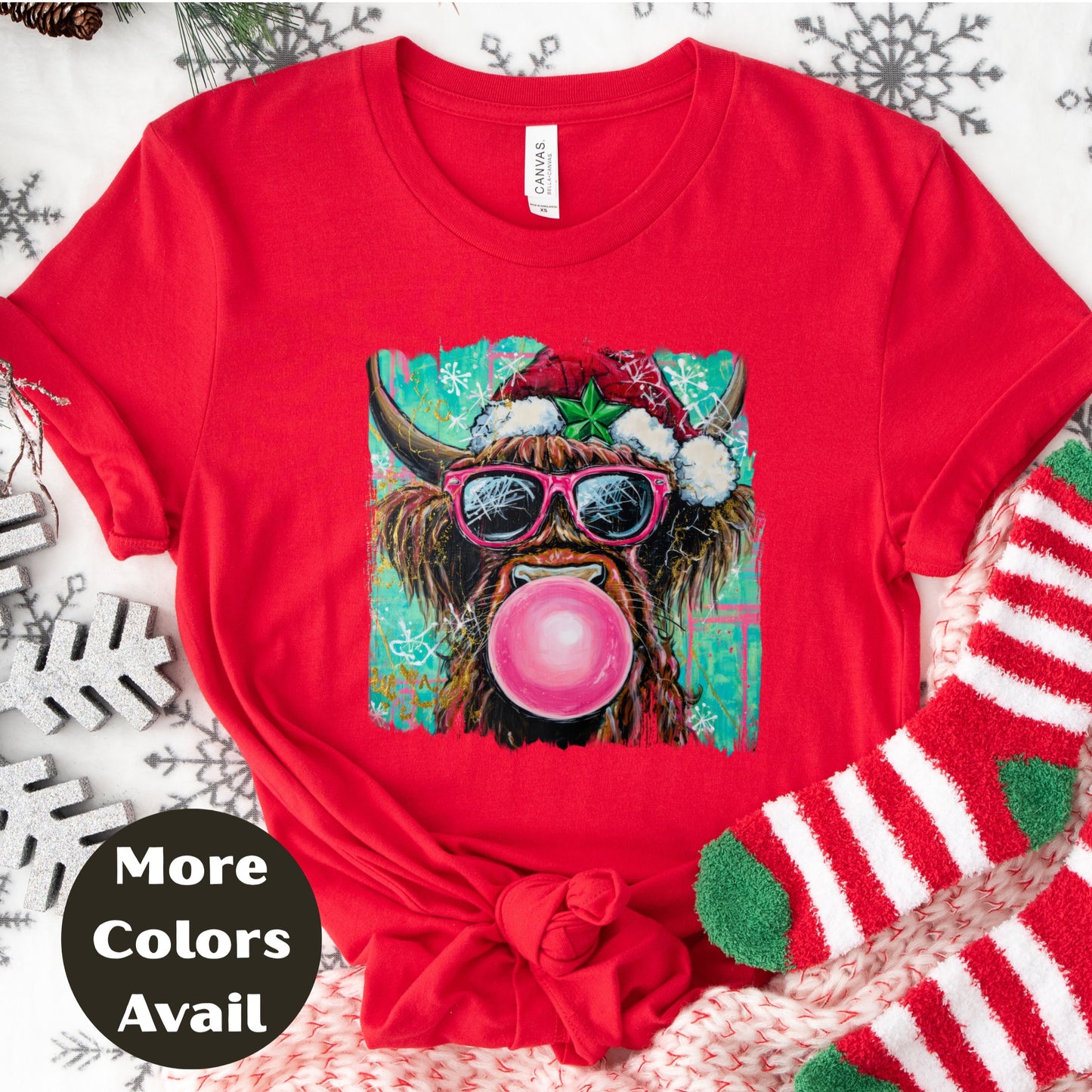Bubblegum Highland Cow Christmas Shirt or Sweatshirt – Cute Holiday Top Small-4XL and Plus Size – Multiple Colors