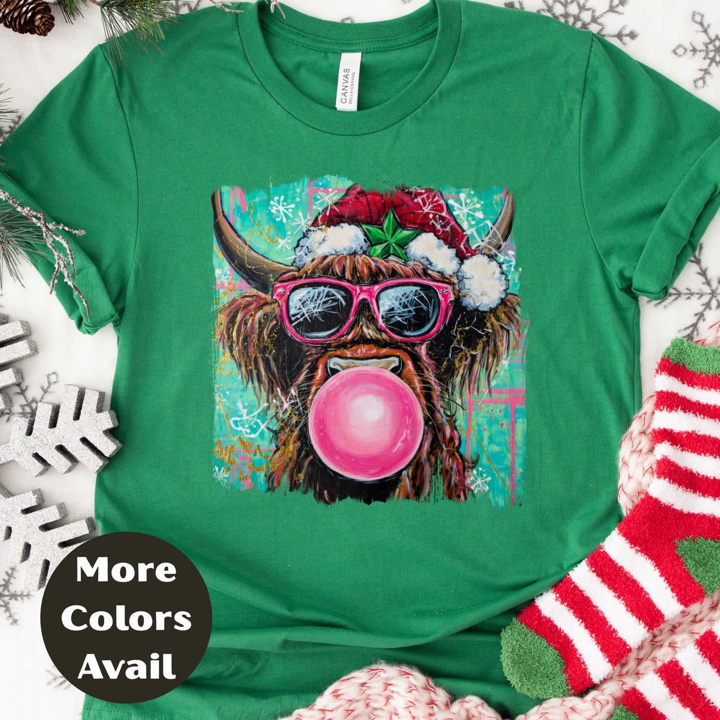 Bubblegum Highland Cow Christmas Shirt or Sweatshirt – Cute Holiday Top Small-4XL and Plus Size – Multiple Colors