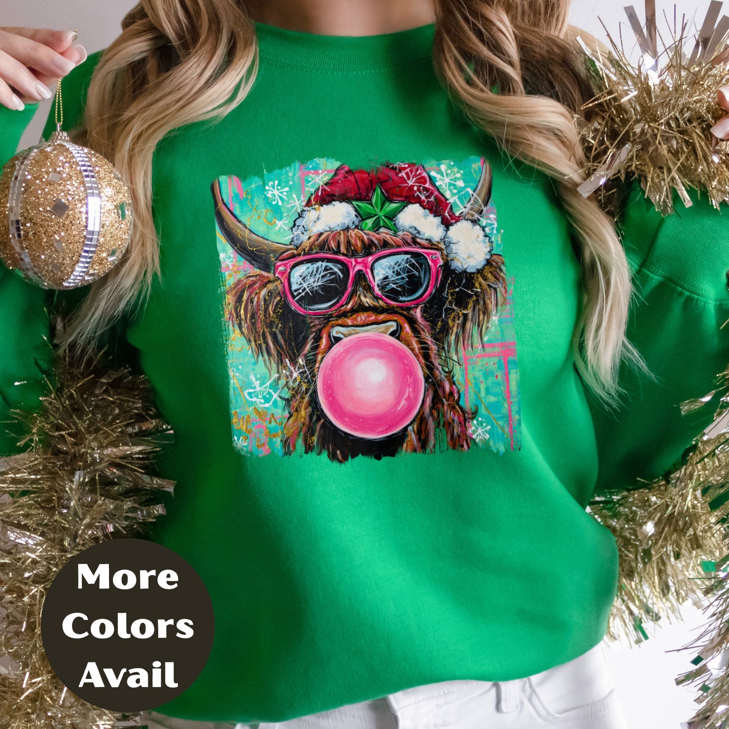 Bubblegum Highland Cow Christmas Shirt or Sweatshirt – Cute Holiday Top Small-4XL and Plus Size – Multiple Colors