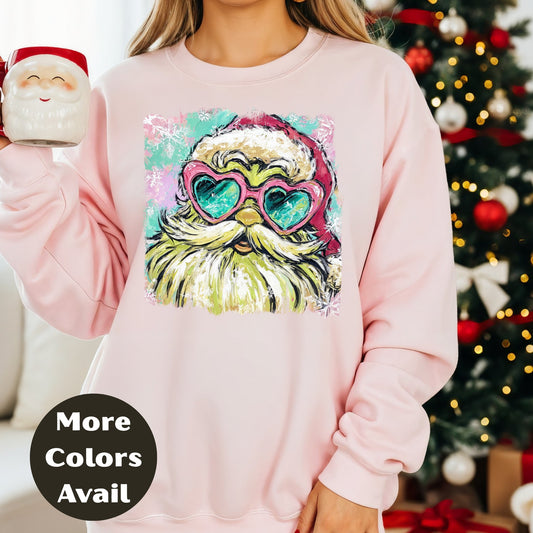 Retro Santa Heart Glasses Christmas Shirt or Sweatshirt – Cute Holiday Top Small - 4XL and Plus Size – Multiple Colors