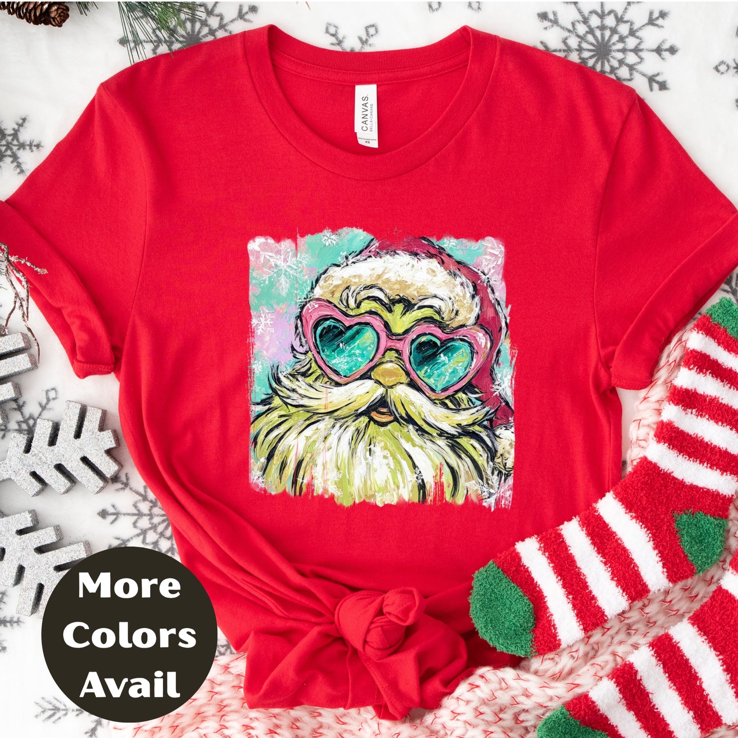Retro Santa Heart Glasses Christmas Shirt or Sweatshirt – Cute Holiday Top Small - 4XL and Plus Size – Multiple Colors