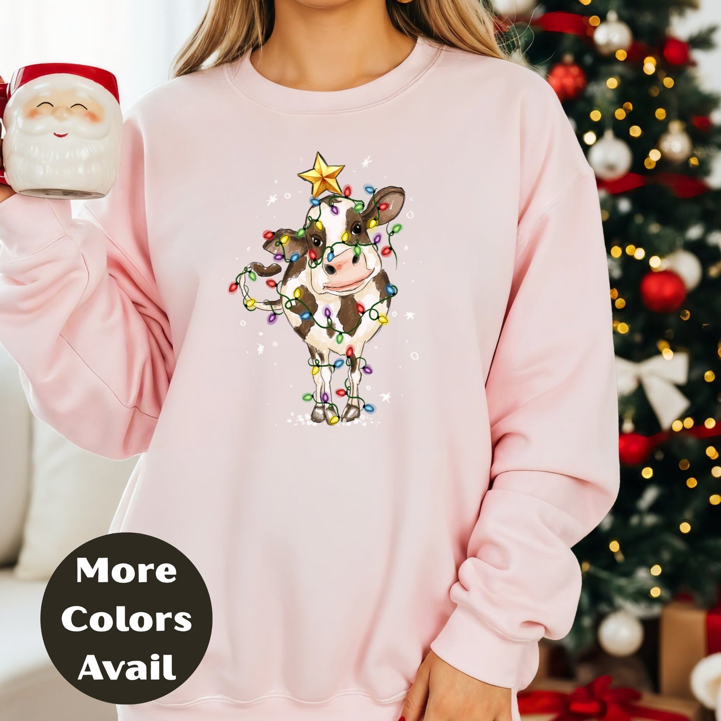 Christmas Lights Country Cow Shirt or Sweatshirt – Cute Holiday Farm Top Small - 4XL and Plus Size – Multiple Colors