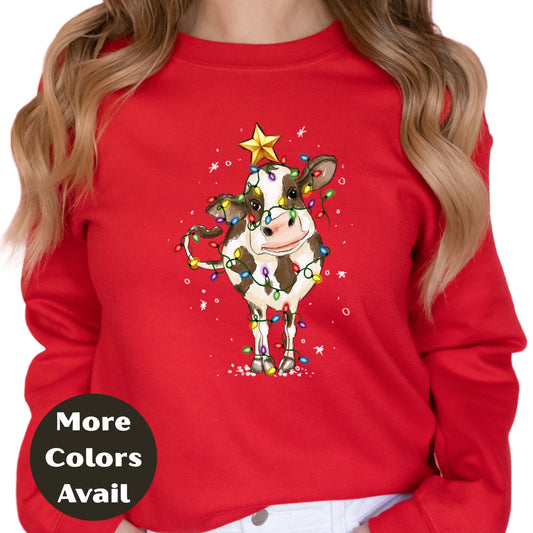 Christmas Lights Country Cow Shirt or Sweatshirt – Cute Holiday Farm Top Small - 4XL and Plus Size – Multiple Colors