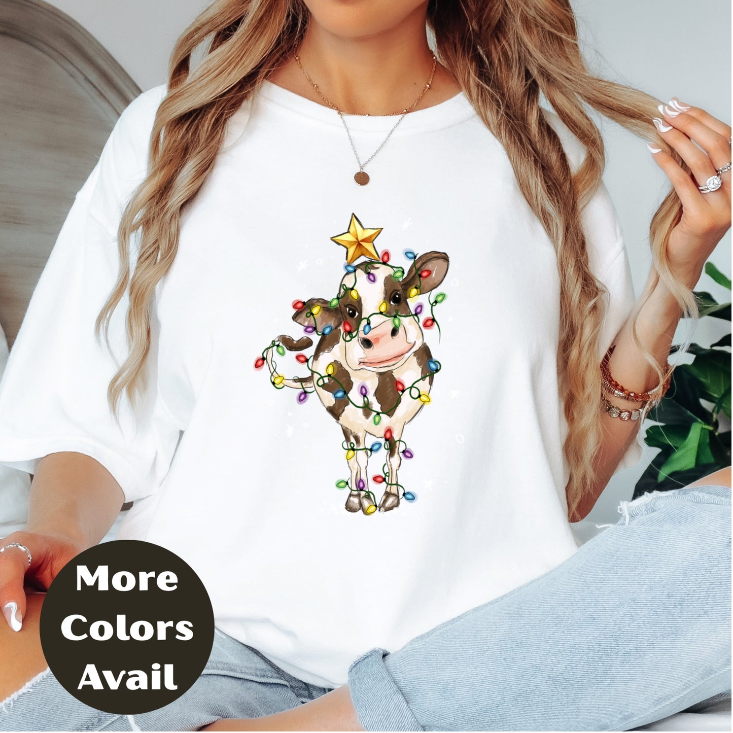 Christmas Lights Country Cow Shirt or Sweatshirt – Cute Holiday Farm Top Small - 4XL and Plus Size – Multiple Colors