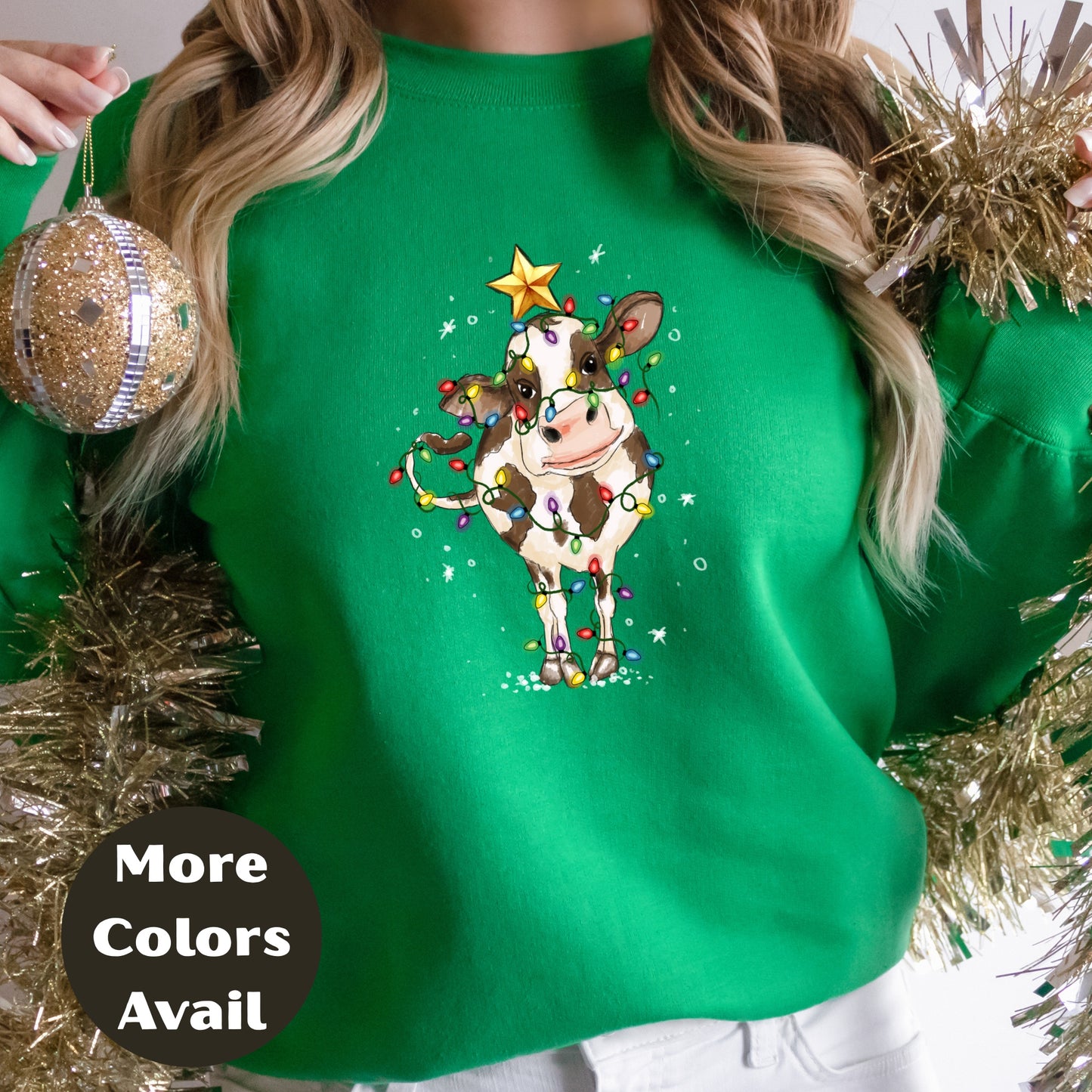 Christmas Lights Country Cow Shirt or Sweatshirt – Cute Holiday Farm Top Small - 4XL and Plus Size – Multiple Colors