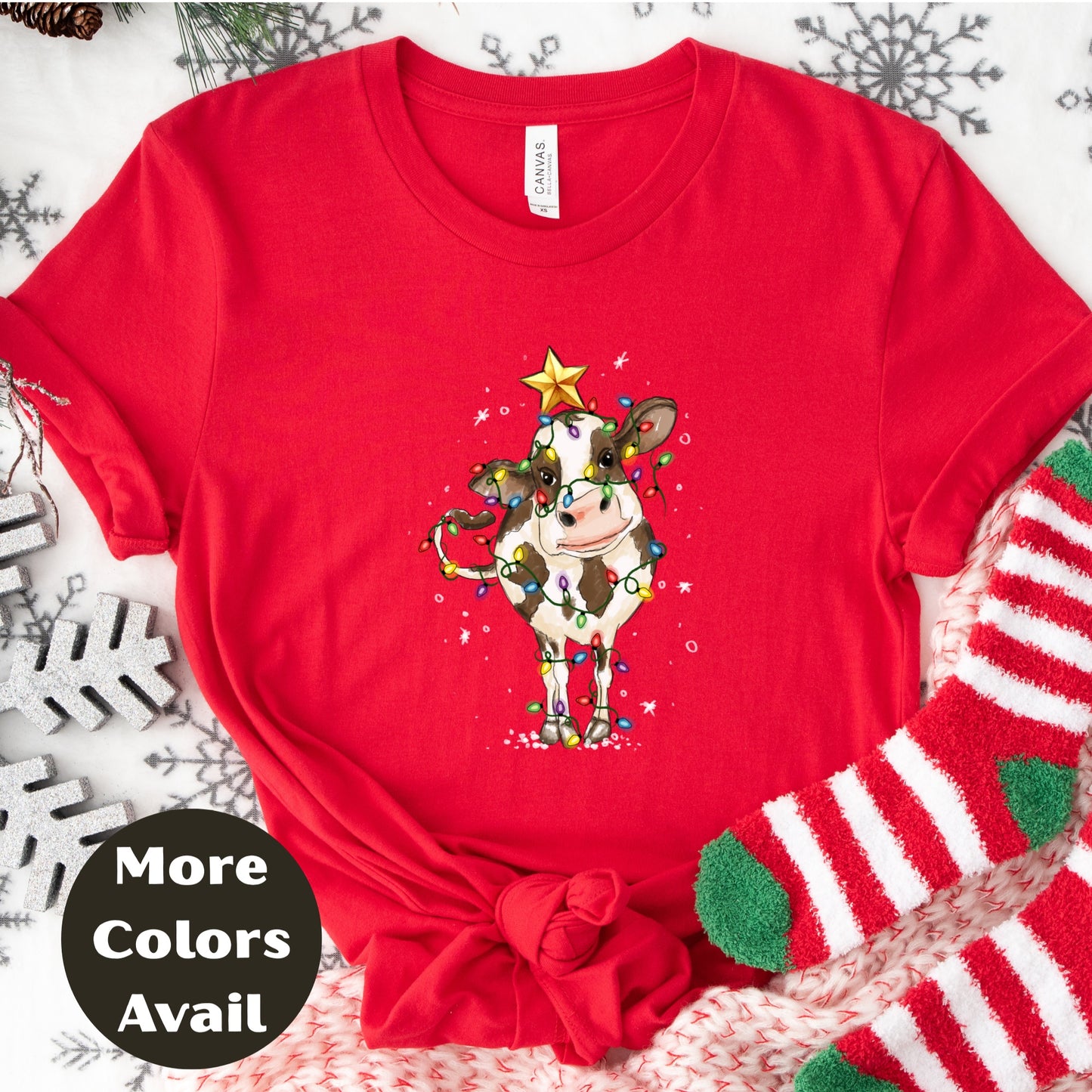 Christmas Lights Country Cow Shirt or Sweatshirt – Cute Holiday Farm Top Small - 4XL and Plus Size – Multiple Colors