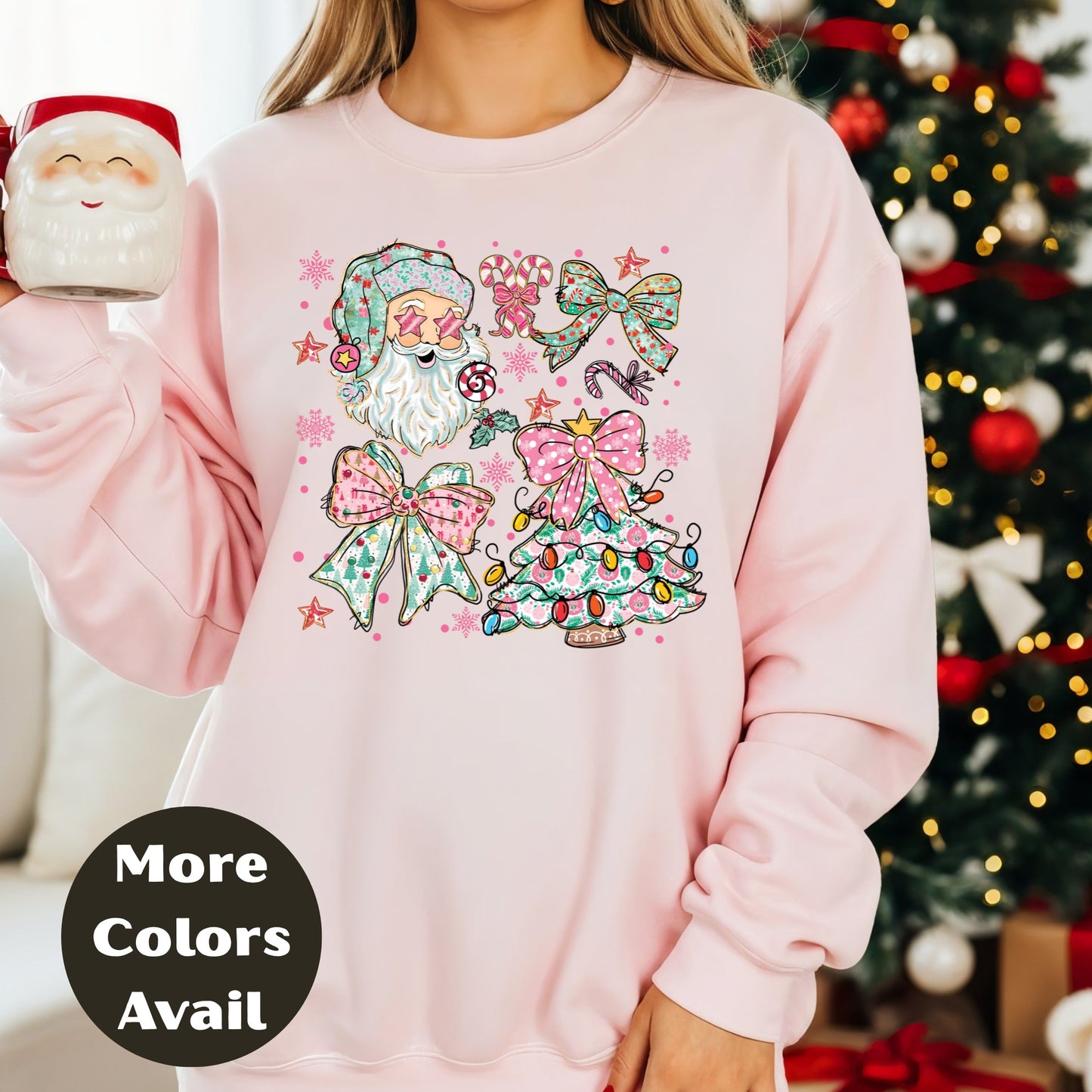 Pastel Santa & Bows Christmas Shirt or Sweatshirt – Cute Holiday Tree Top S-4XL Plus Size – Multiple Colors – Girly Retro Christmas Tee