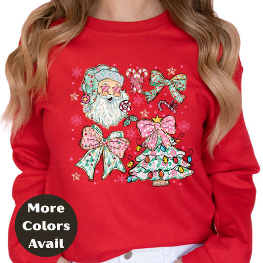 Pastel Santa & Bows Christmas Shirt or Sweatshirt – Cute Holiday Tree Top S-4XL Plus Size – Multiple Colors – Girly Retro Christmas Tee